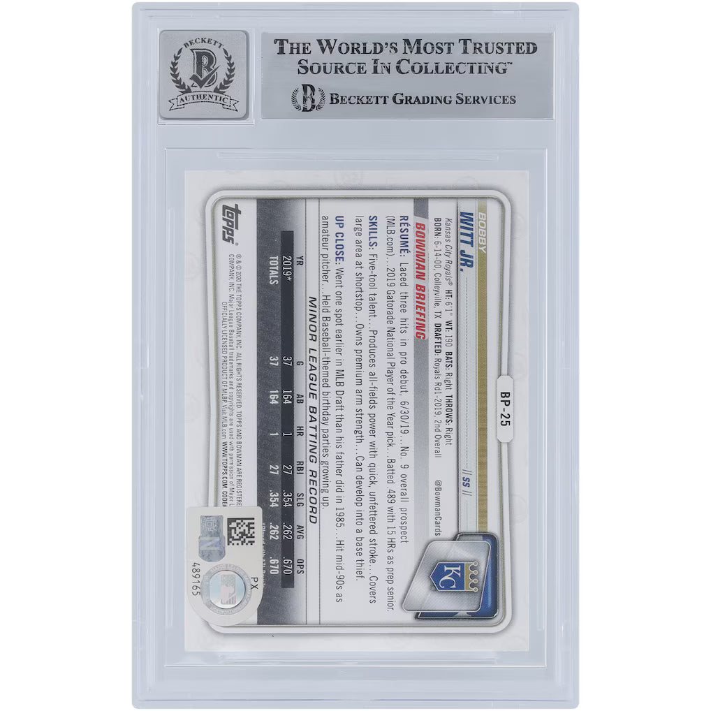 2020 Bowman Prospects 1st Bowman Bobby Witt Jr. Autograph Beckett/Fanatics Authentic Auto 10