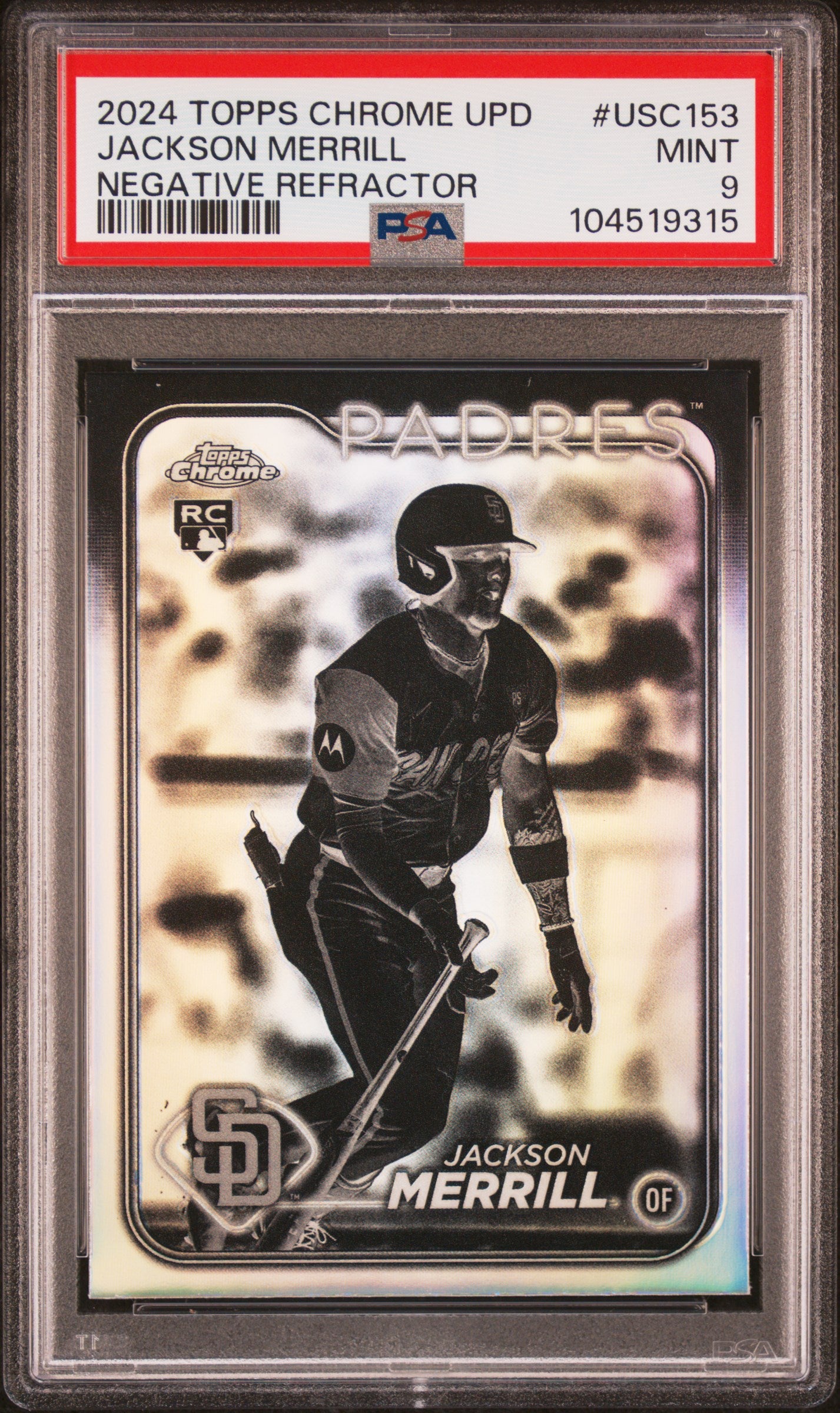 2024 TOPPS CHROME UPDATE USC153 JACKSON MERRILL NEGATIVE REFRACTOR PSA 9 - front