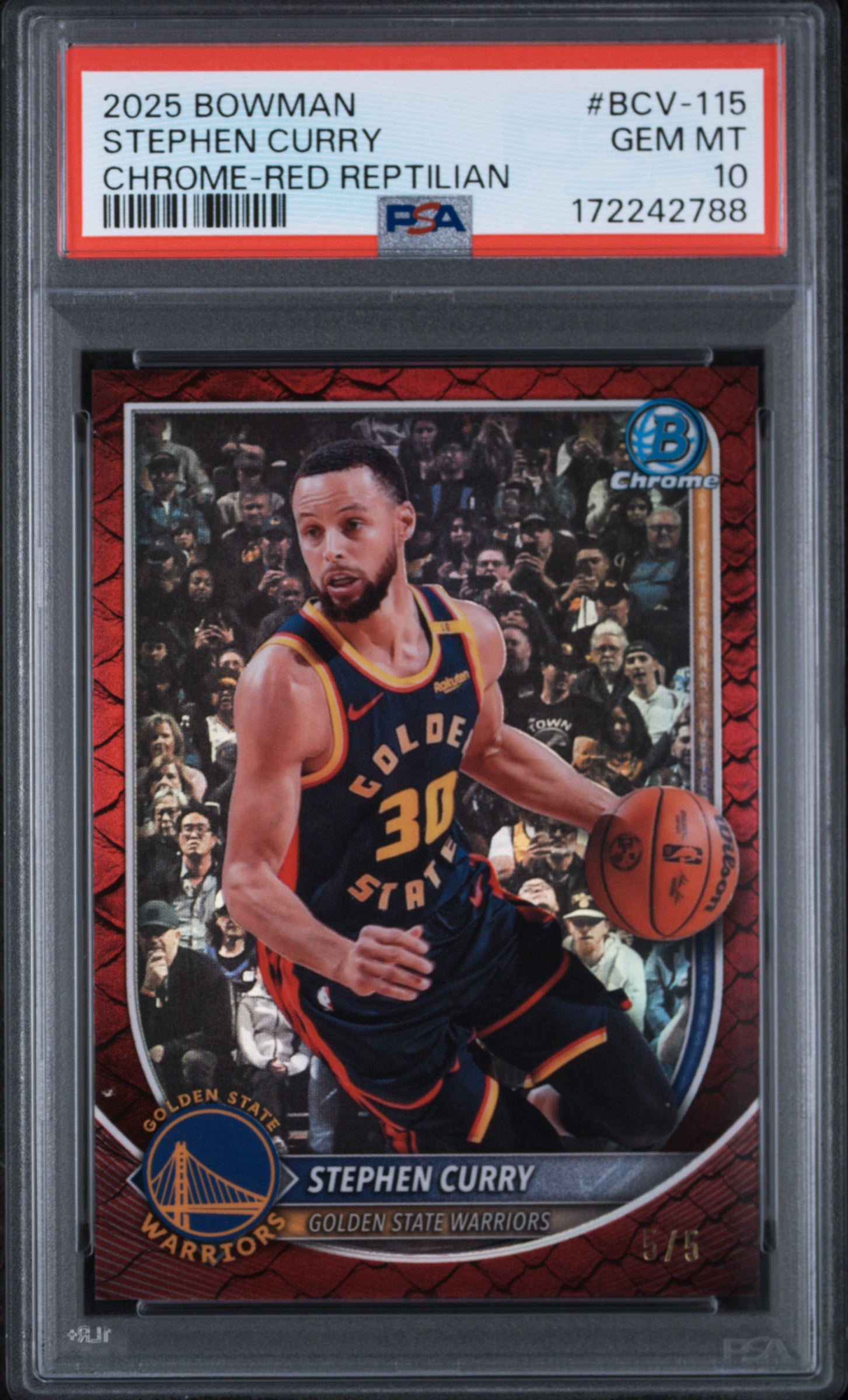 2025 Bowman Stephen Curry Chrome Red Reptillian 5/5 PSA 10, POP 1!