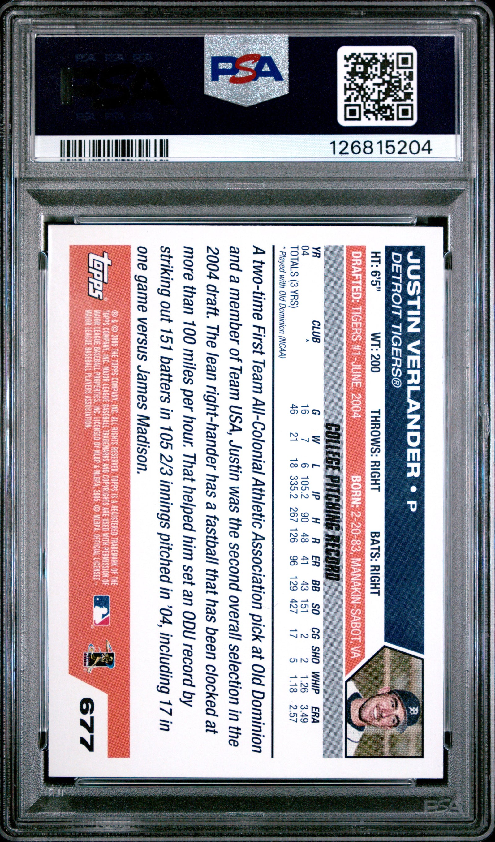 2005 Topps #677 Justin Verlander  PSA 8