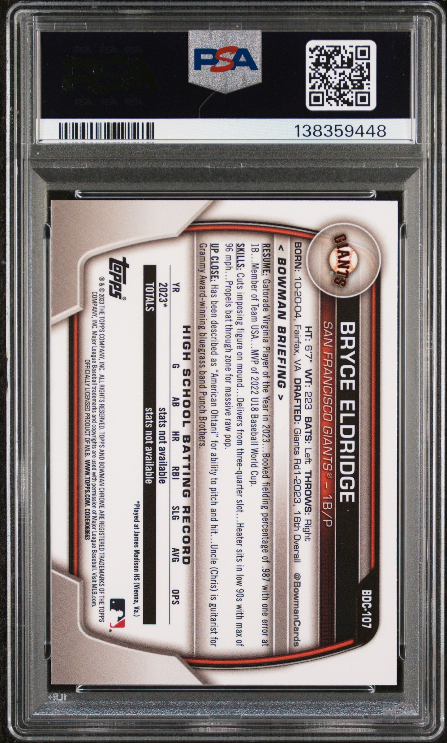 2023 Bowman Draft Bdc107 Bryce Eldridge Chrome-Japan Refractor PSA 10