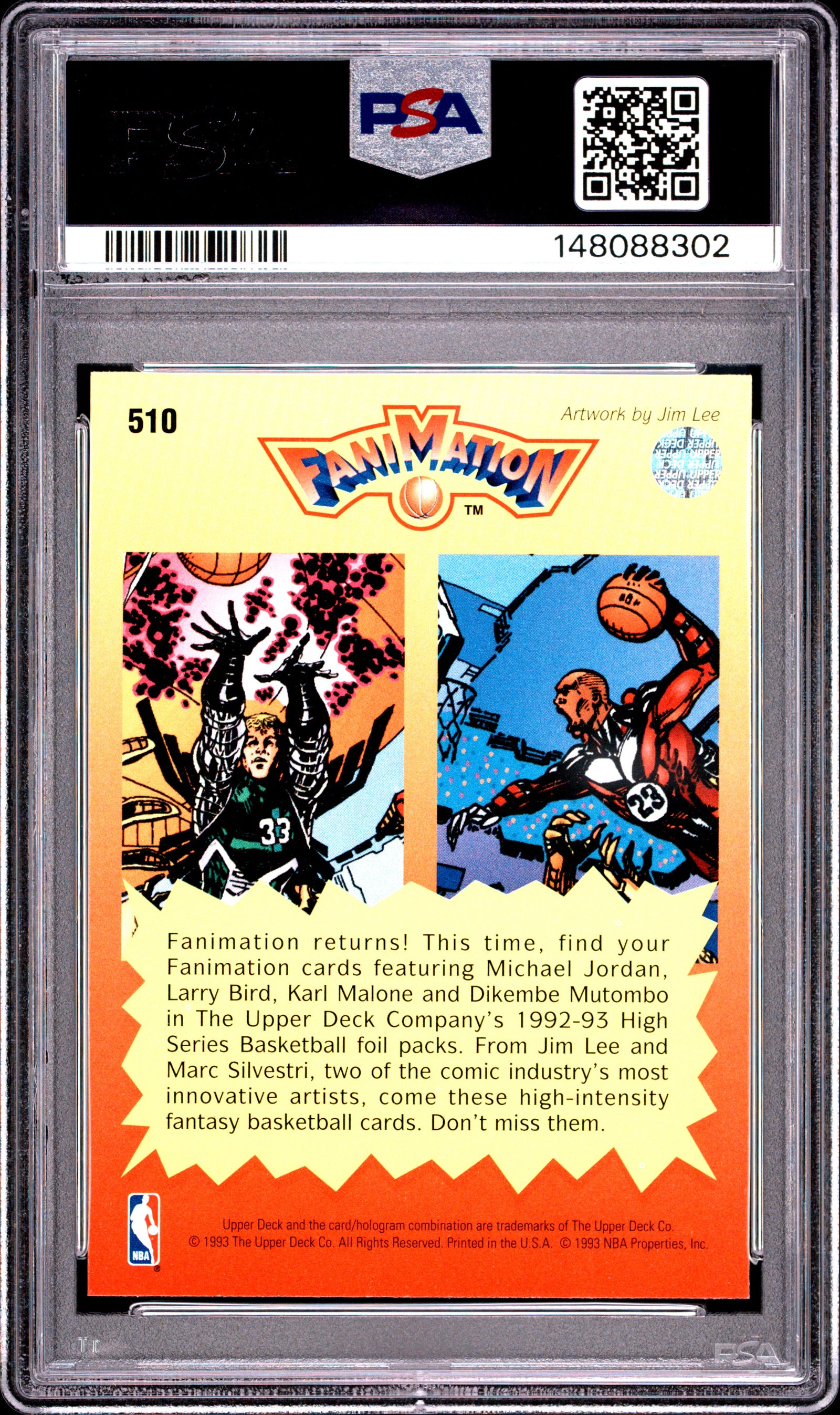 1992 UPPER DECK 510 MICHAEL JORDAN\LARRY BIRD FANIMATION PSA 8 - back