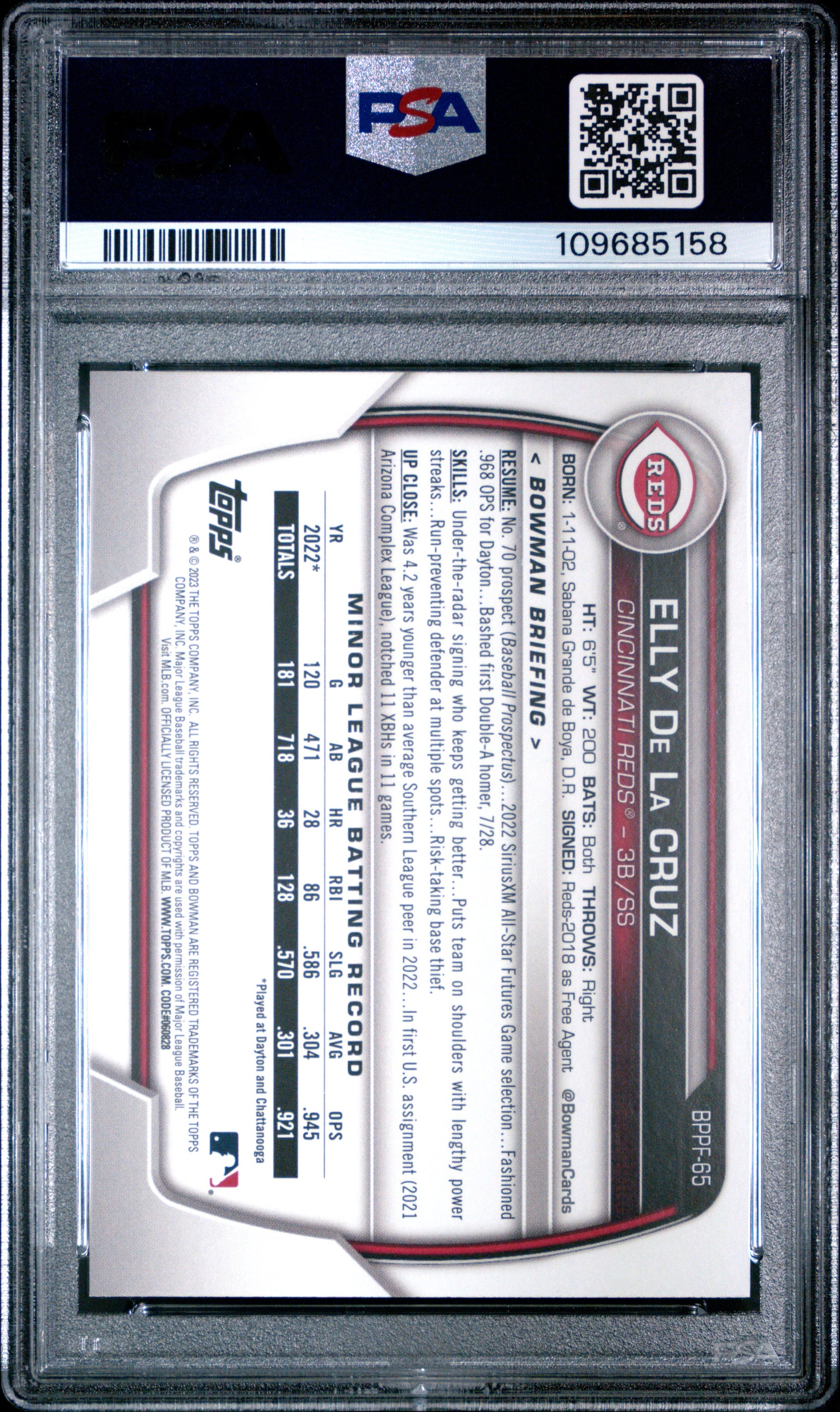 2023 Bowman 1St Edition Bppf65 Elly De La Cruz Orange Foil PSA 10