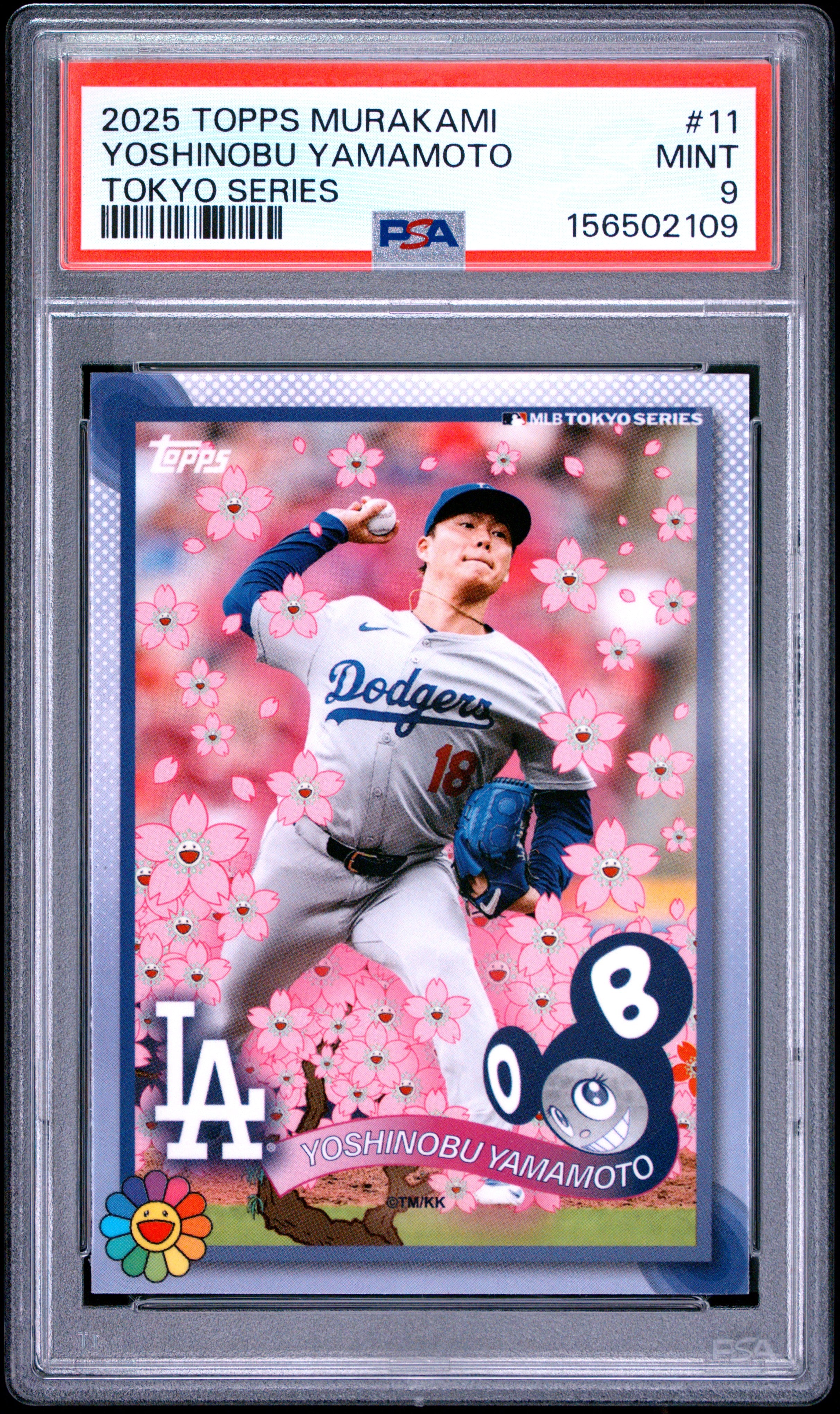 2025 TOPPS TAKASHI MURAKAMI + MLB WORLD TOUR TOKYO SERIES 11 YOSHINOBU YAMAMOTO PSA 9 - front