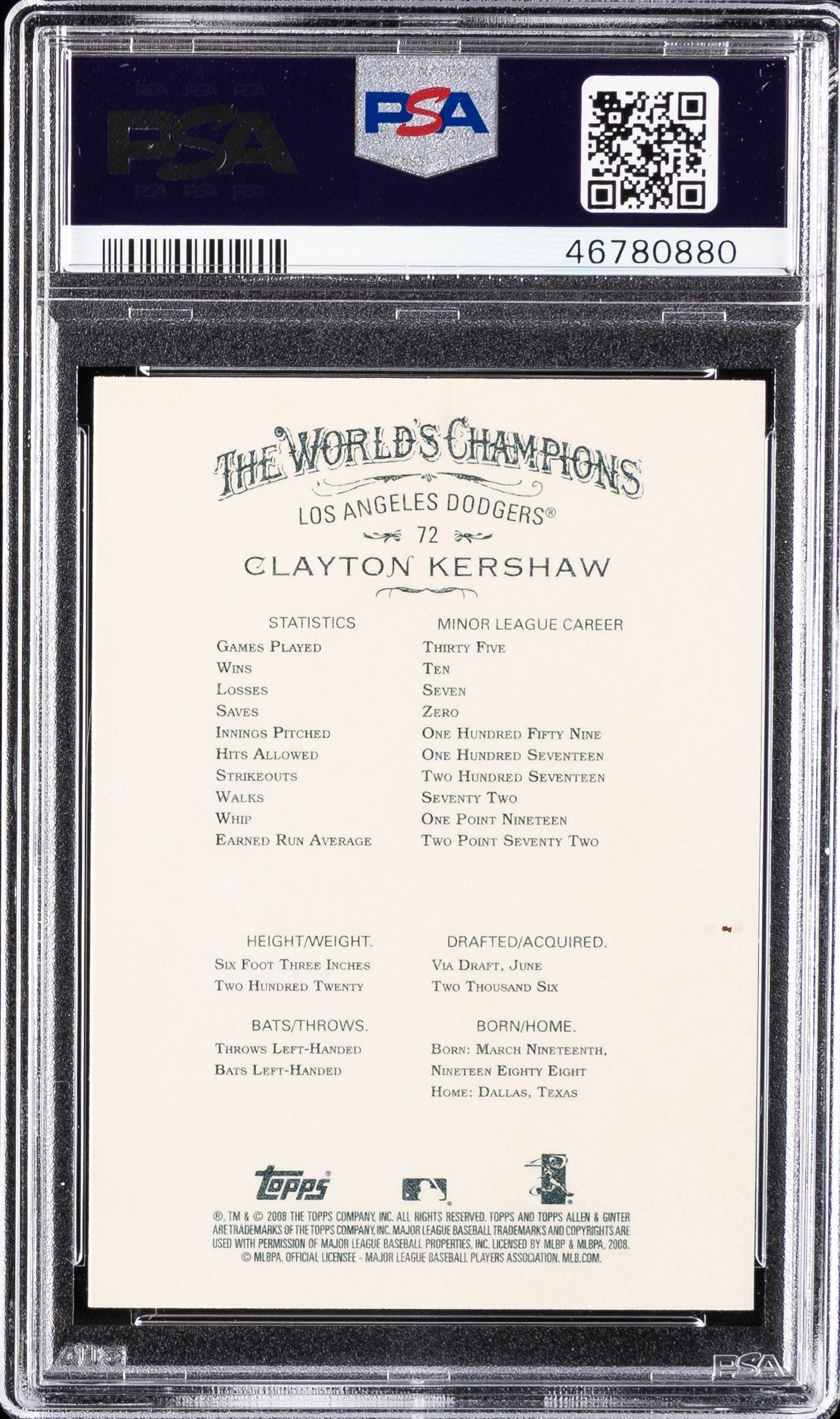 2008 Topps Allen & Ginter 72 Clayton Kershaw  PSA 10