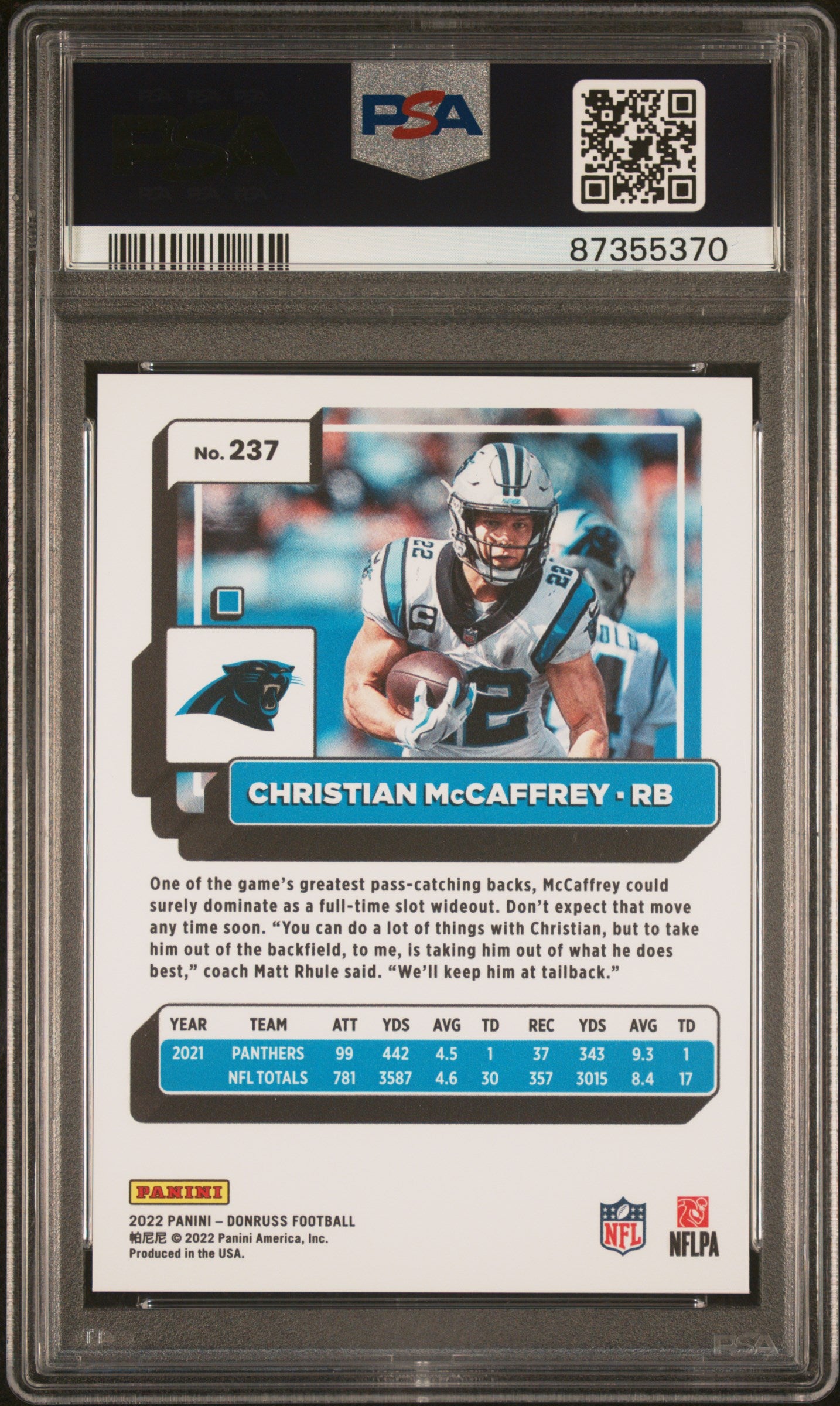 2022 Panini Donruss 237 Christian Mccaffrey Press Proof Premium PSA 10