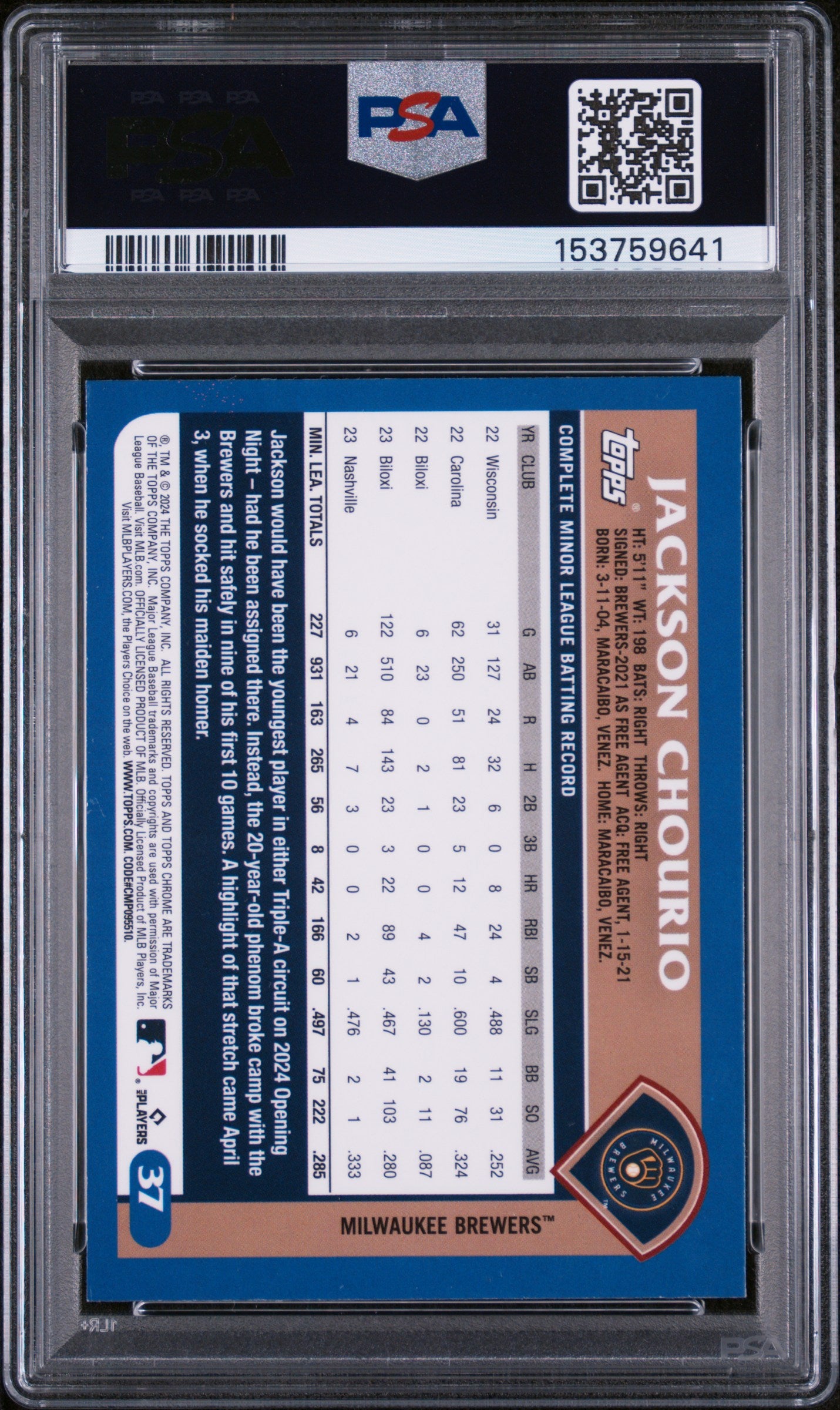 2024 TOPPS CHROME LIDS 37 JACKSON CHOURIO PSA 9 - back