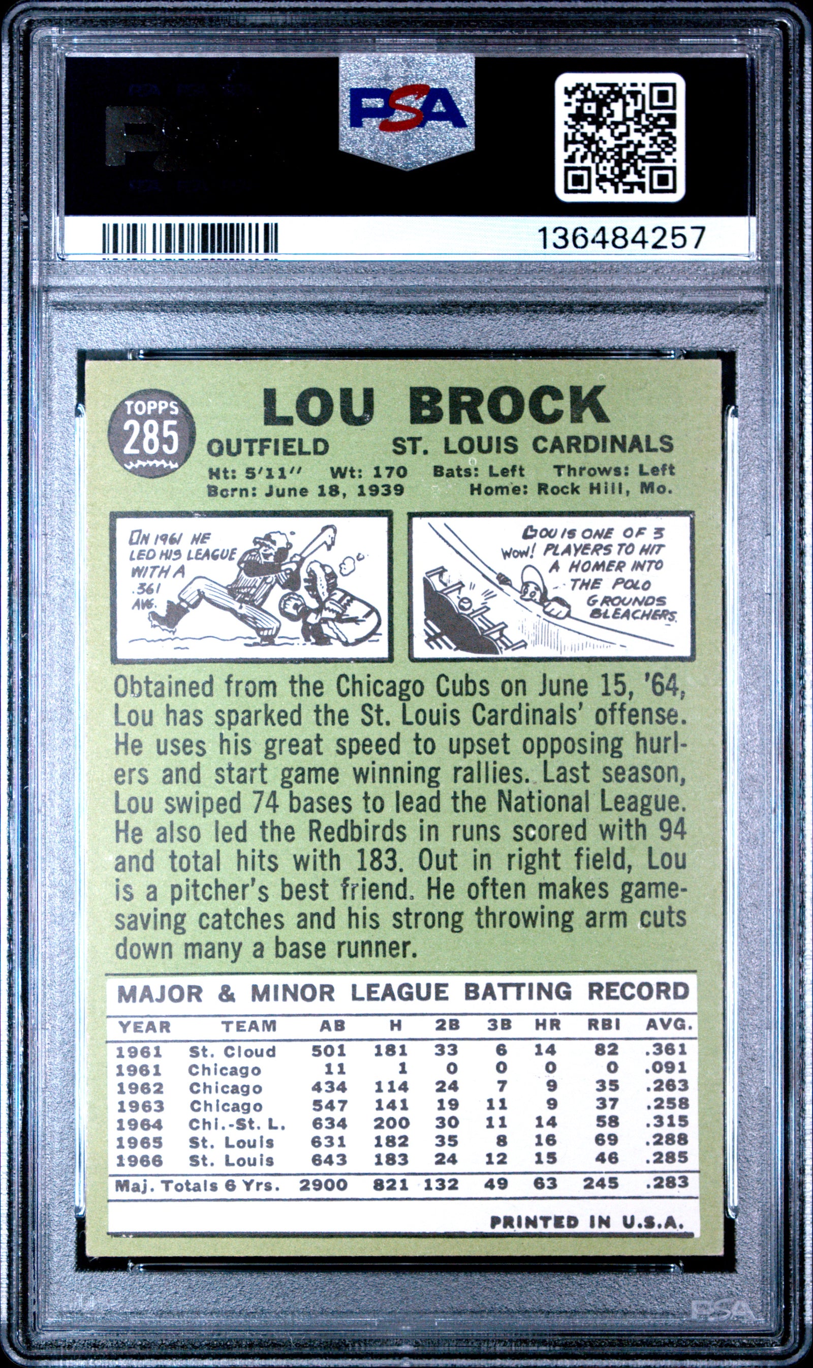 1967 Topps 285 Lou Brock PSA 6