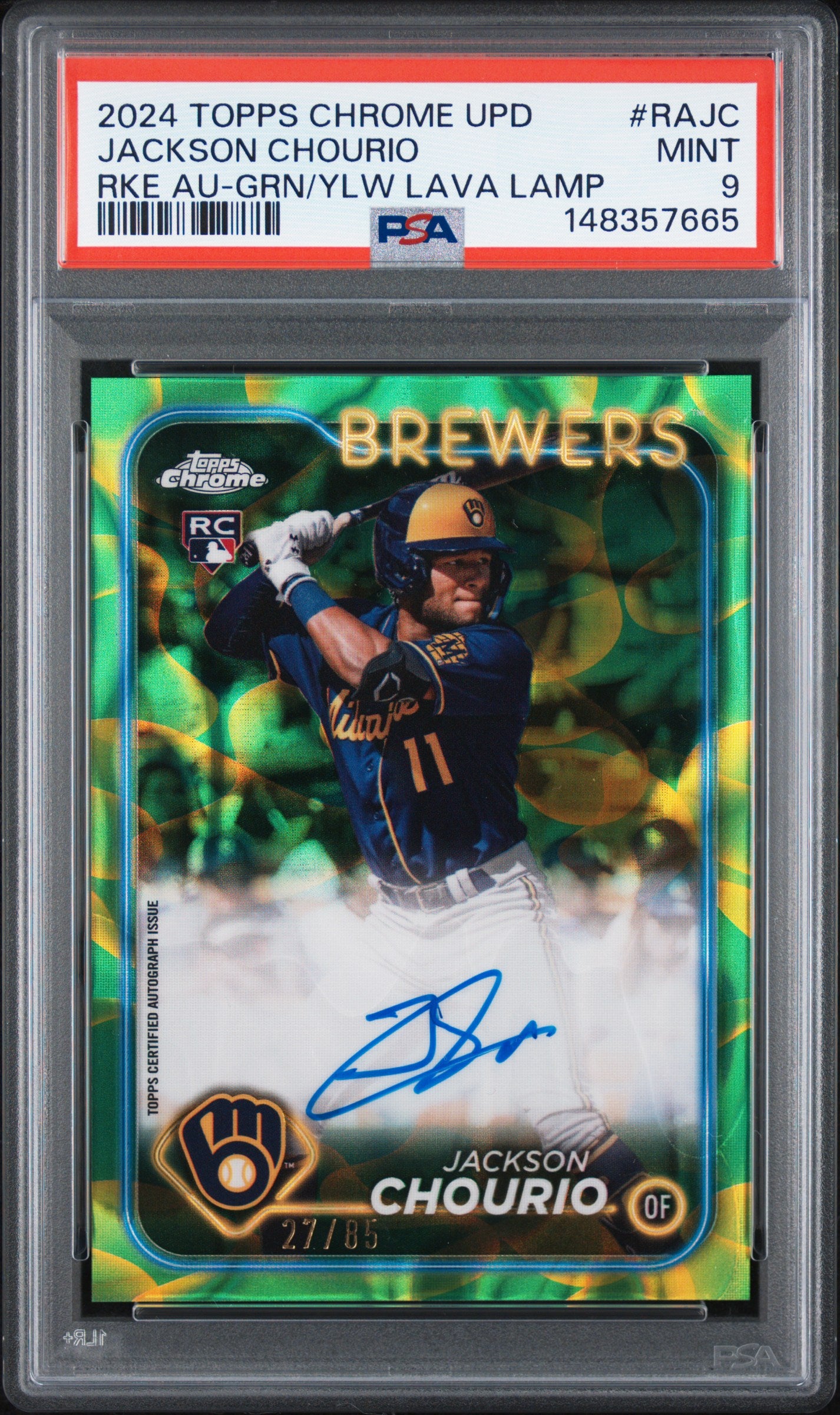 2024 TOPPS CHROME UPDATE CHROME ROOKIE AUTOGRAPHS RAJC JACKSON CHOURIO GREEN/YELLOW LAVA LAMP PSA 9 - front