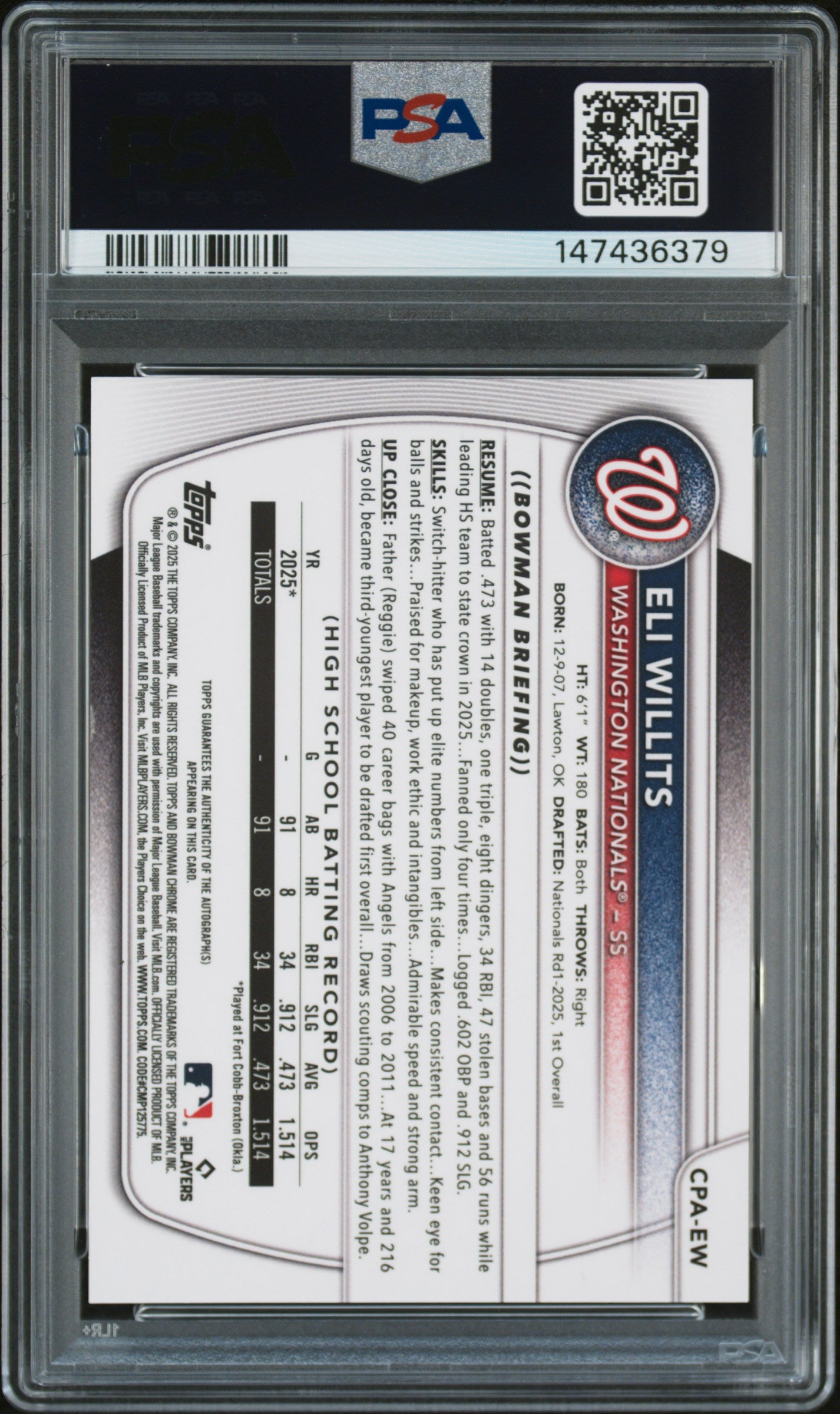 2025 Bowman Draft Chrome Prospect Autographs Cpa-Ew Eli Willits PSA 8