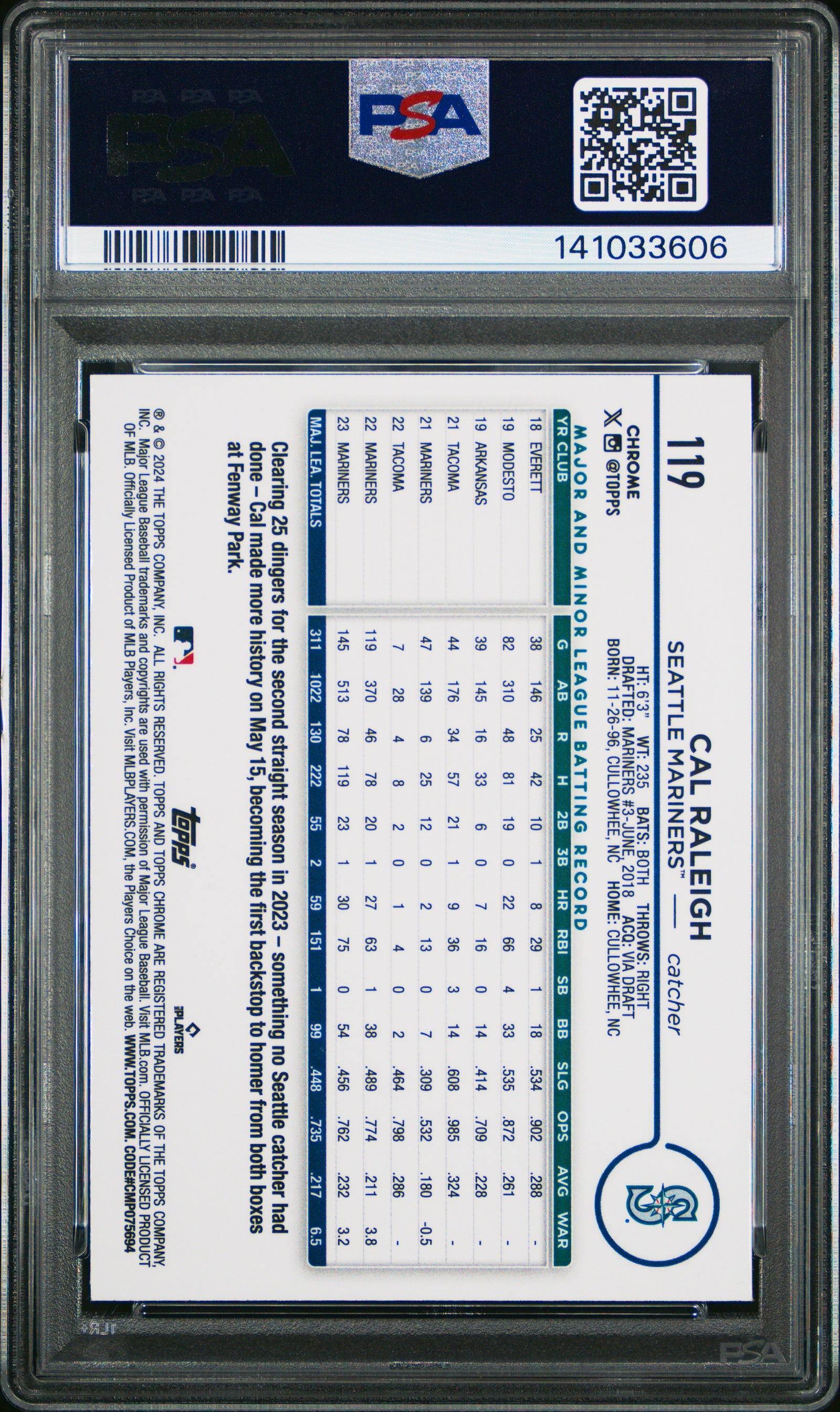 2024 Topps Chrome 119 Cal Raleigh Purple Sonar Refractor PSA 10