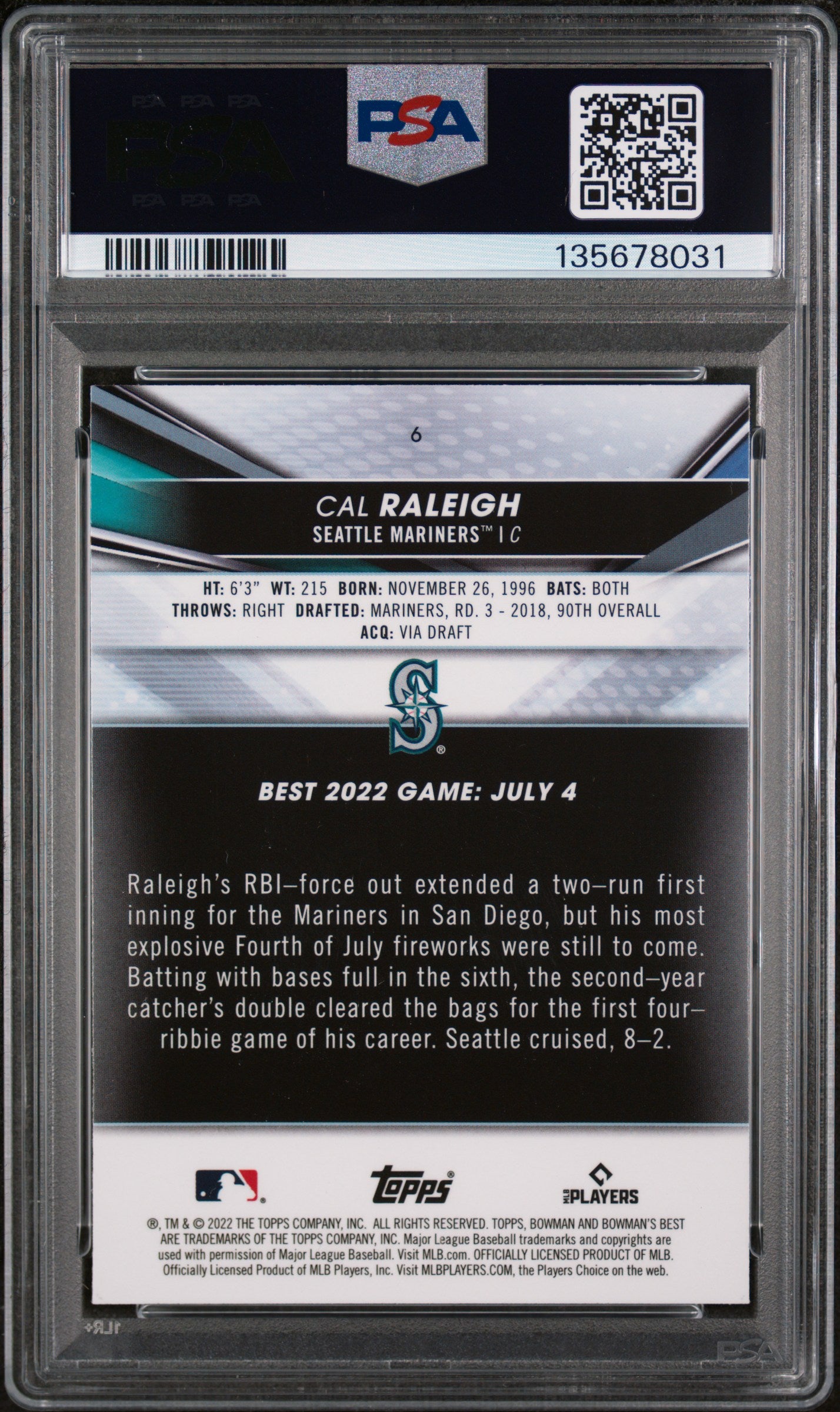2022 Bowman'S Best 6 Cal Raleigh PSA 9