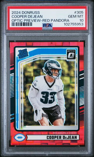 2024 Panini Donruss #305 Cooper DeJean Optic Preview-Red Pandora card graded PSA 10
