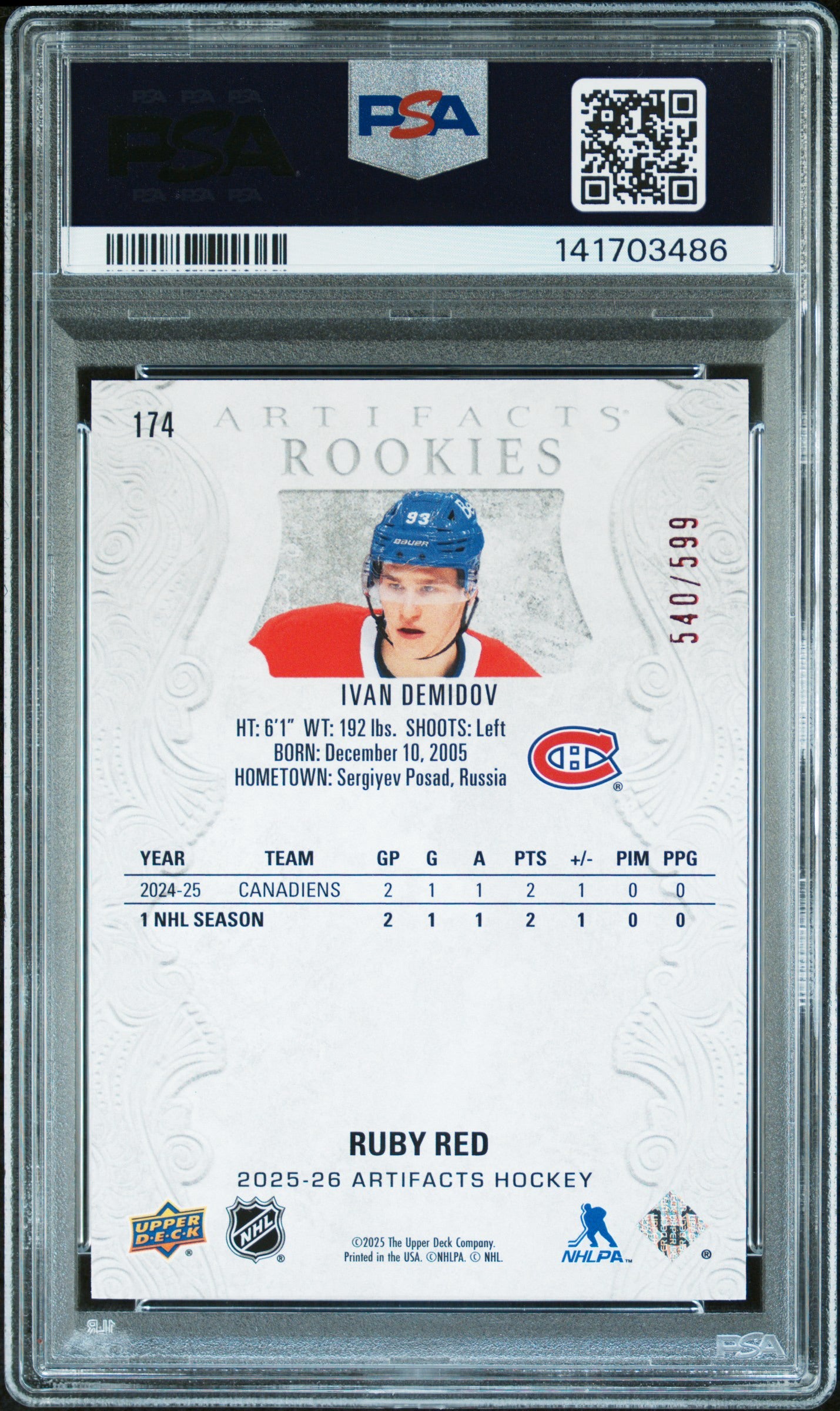 2025 Upper Deck Artifacts #174 Ivan Demidov Ruby /599 PSA 7