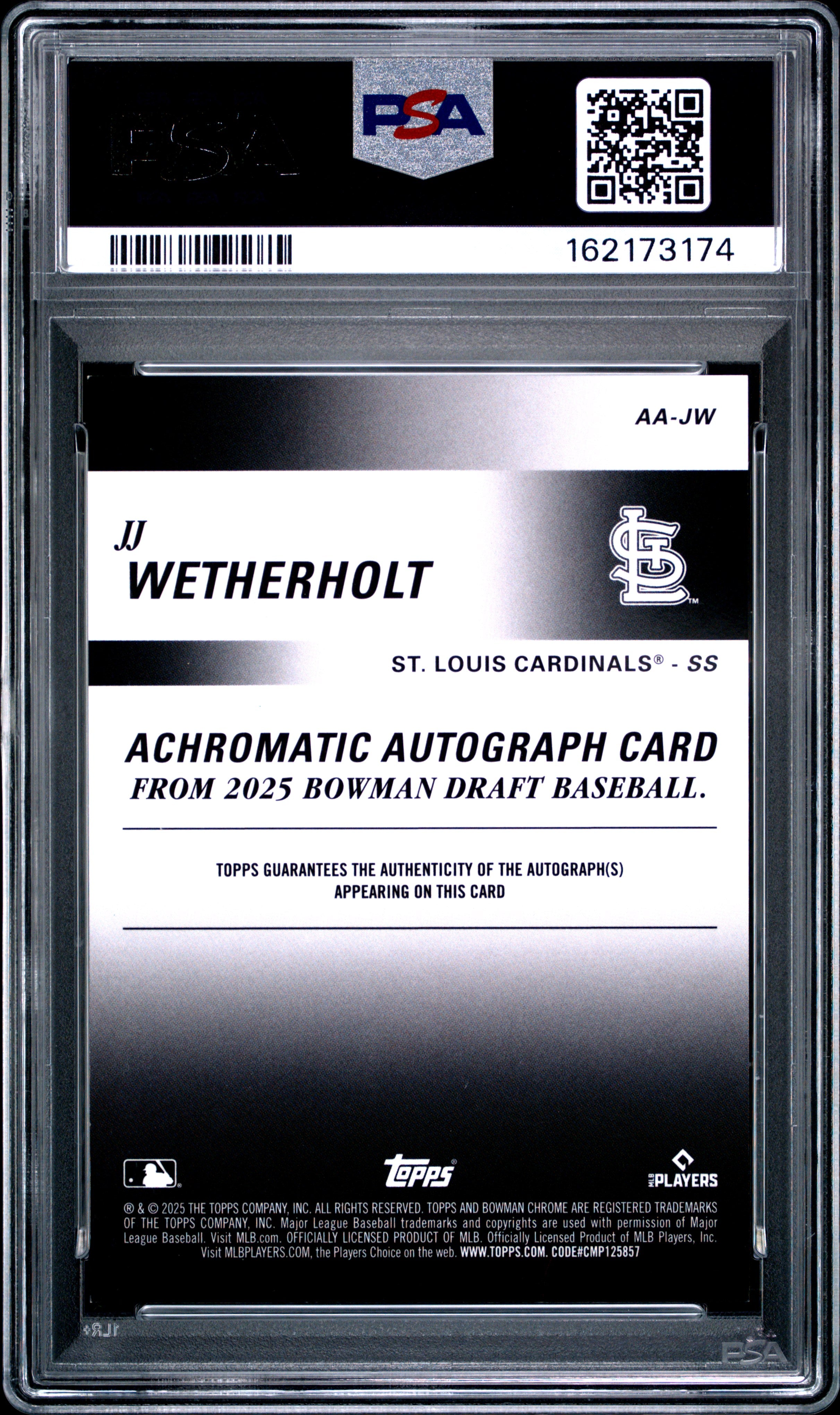 2025 BOWMAN DRAFT ACHROMATIC AUTOGRAPHS AA-JW JJ WETHERHOLT GREEN REFRACTOR PSA 8 - back