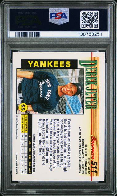 1993 Bowman #511 Derek Jeter rookie card has been graded PSA 9