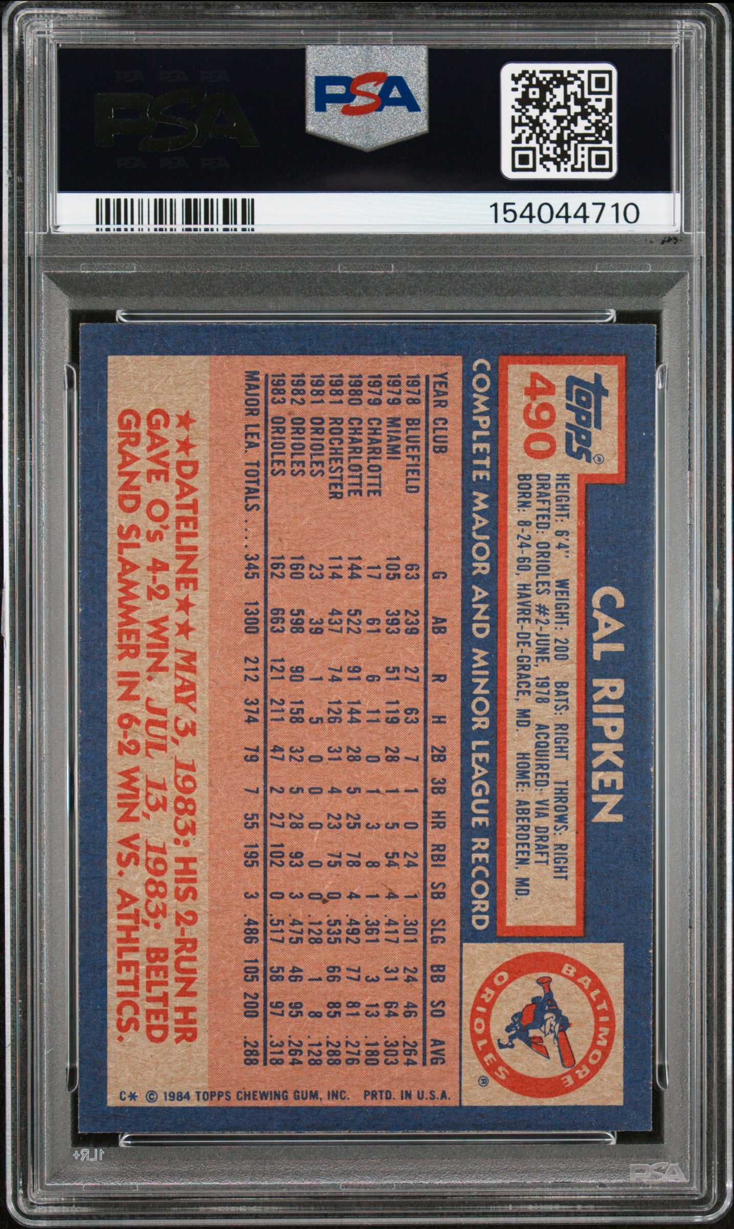 1984 TOPPS 490 CAL RIPKEN JR. PSA 7 - back