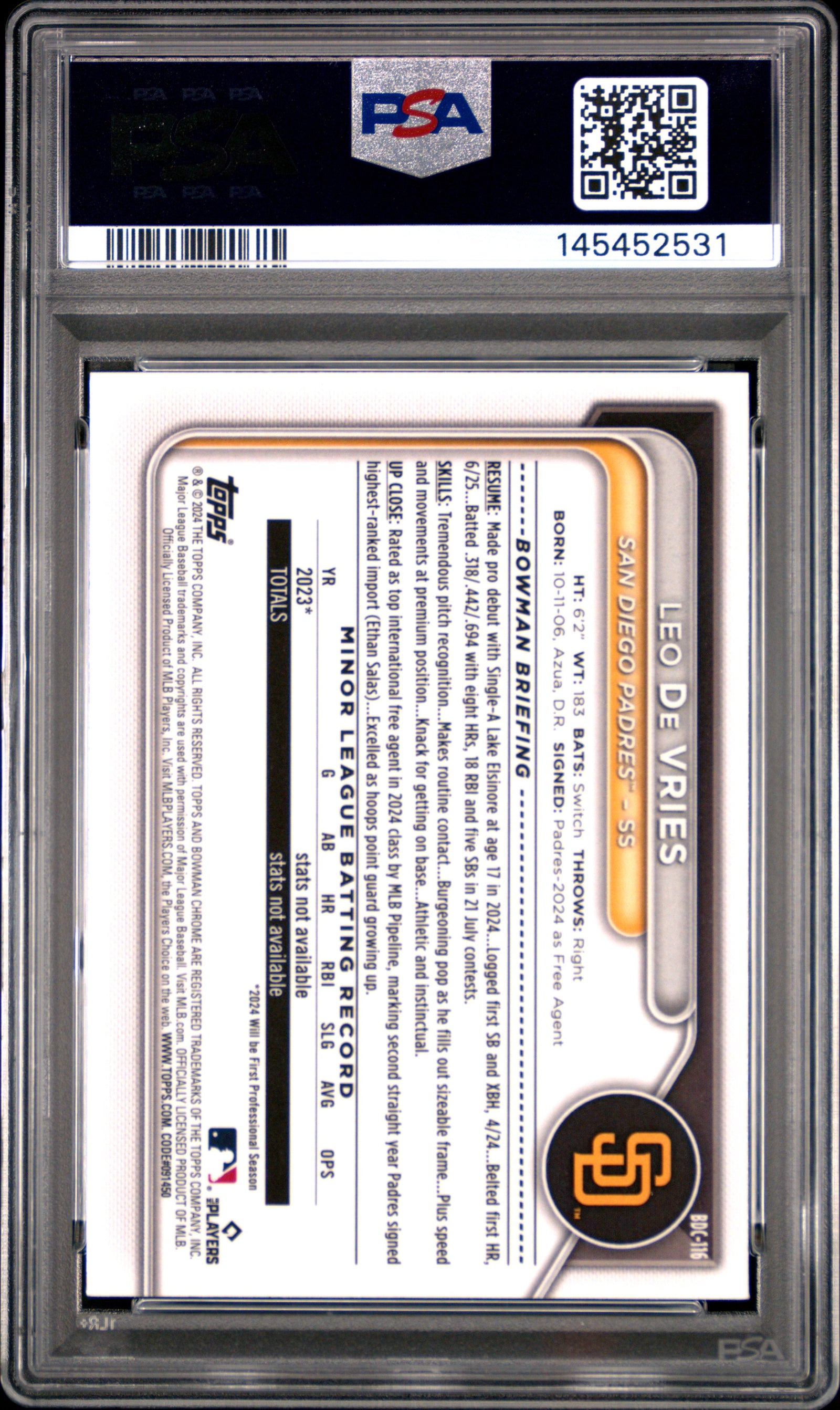 2024 Bowman Draft Bdc116 Leo De Vries Chrome-Sparkle Refractor PSA 9