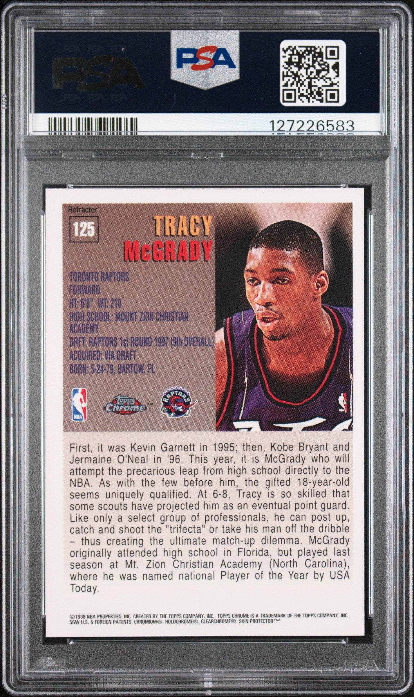 1997 TOPPS CHROME 125 TRACY McGRADY REFRACTOR PSA 8 - back