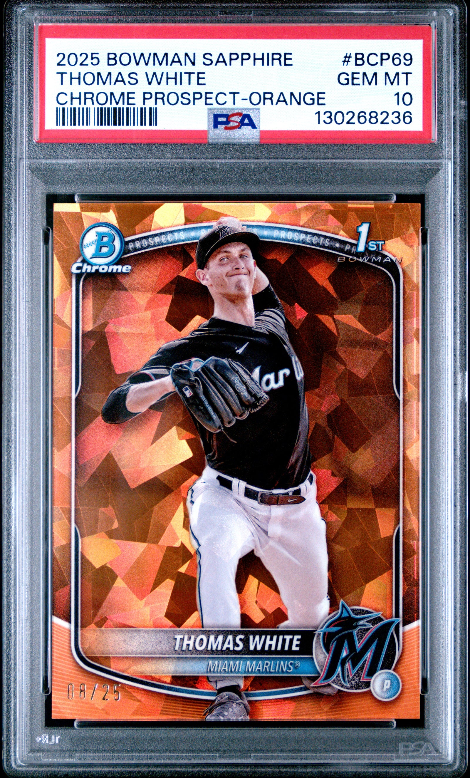 2025 Bowman Sapphire Edition Chrome Prospects Bcp69 Thomas White Orange PSA 10