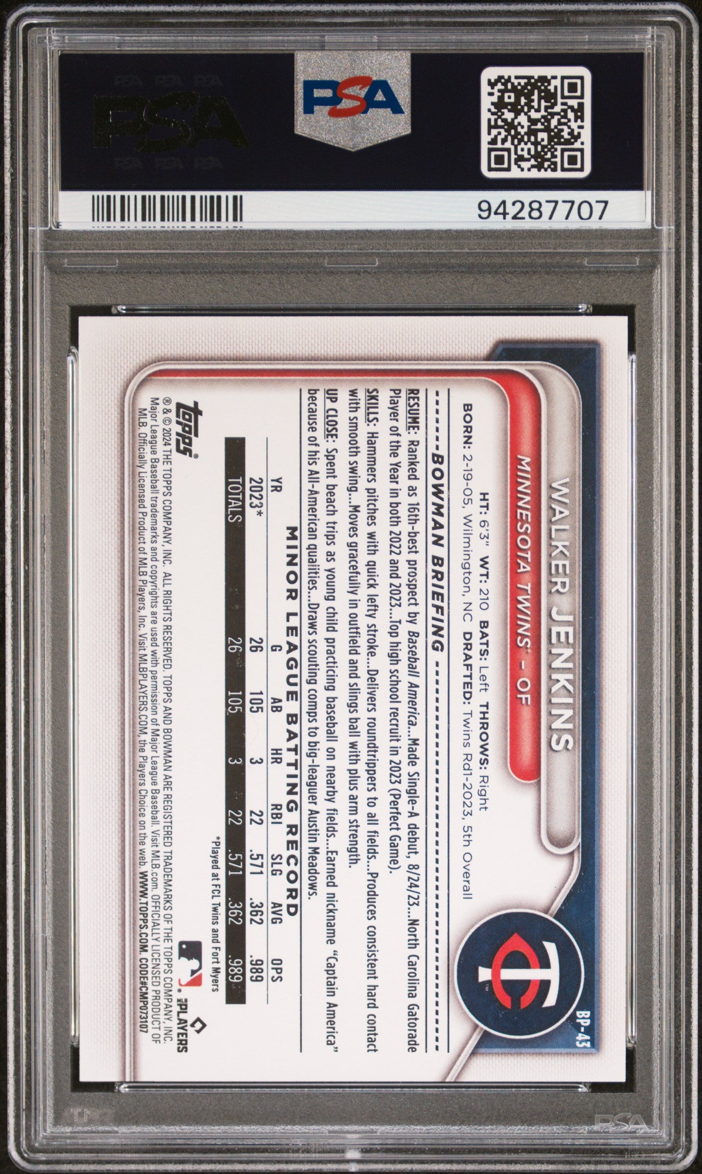2024 Bowman Paper Prospects Bp43 Walker Jenkins PSA 10