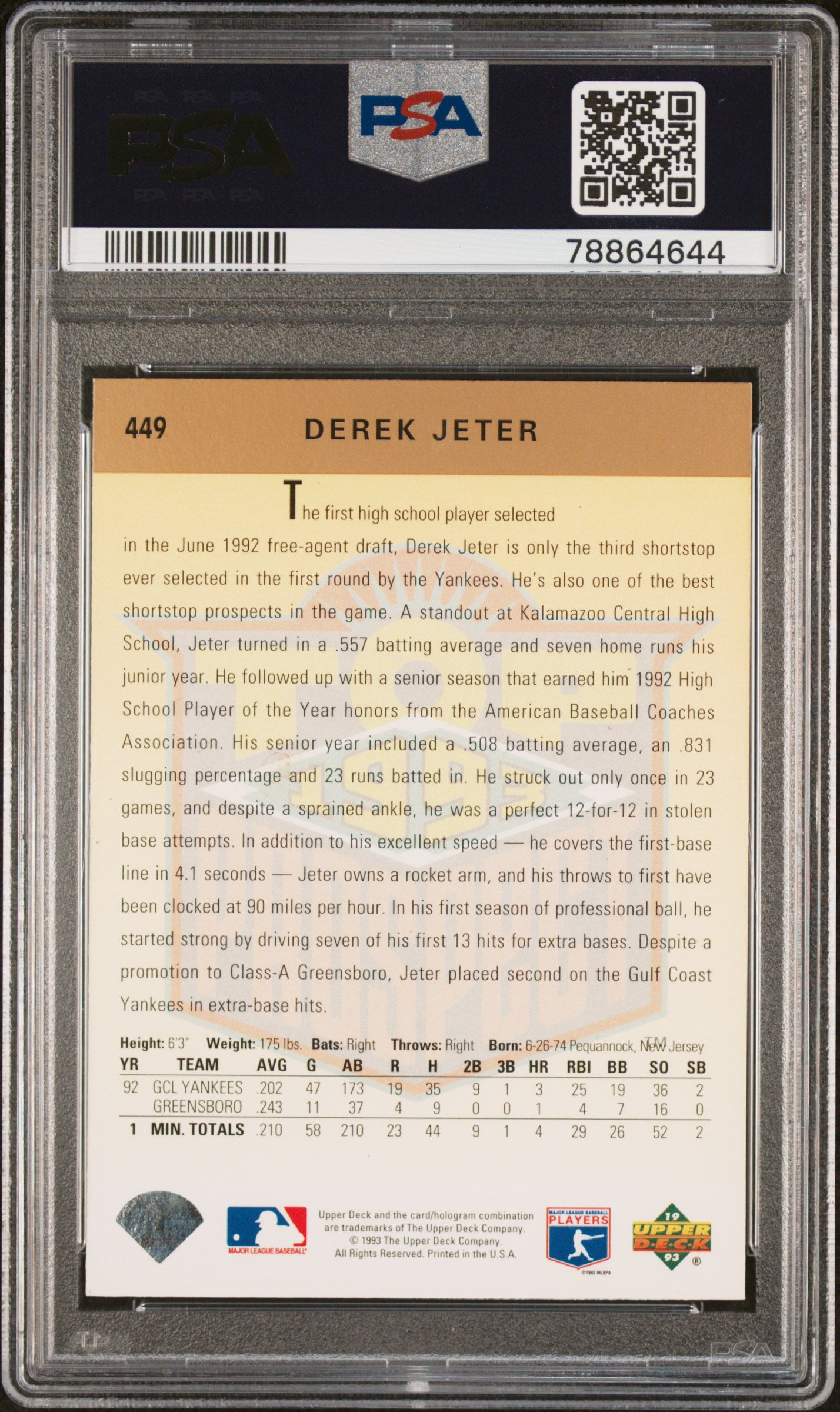 1993 UPPER DECK 449 DEREK JETER PSA 7 - back