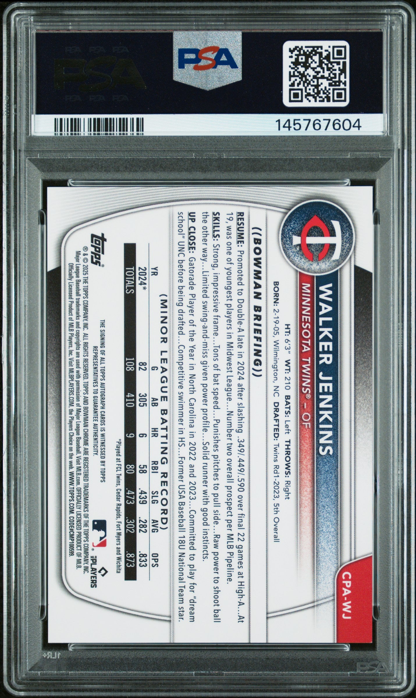 2025 Bowman Chrome Prospect Autographs Cpawj Walker Jenkins Orange Reptilian PSA 9