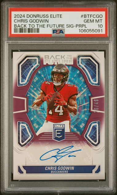 2024 Panini Donruss Elite Back to the Future Signatures card features Chris Godwin's autograph PSA 10
