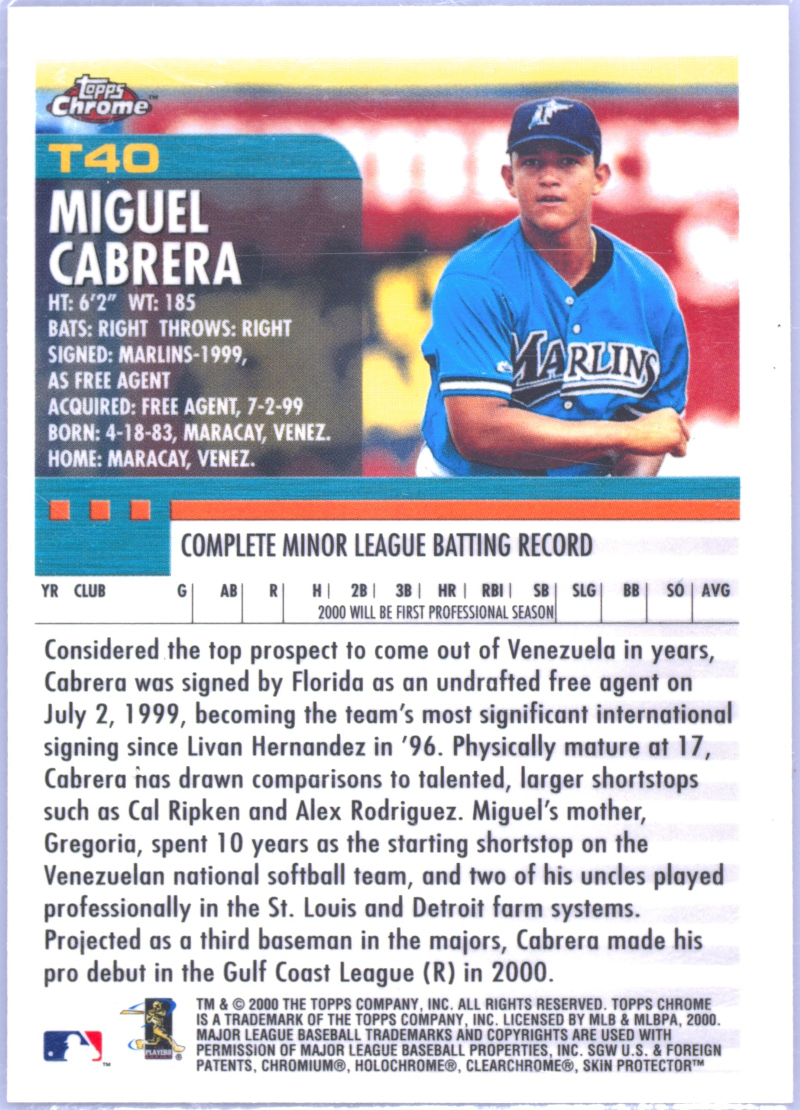 2000 Topps Chrome Traded T40 Miguel Cabrera PSA 8
