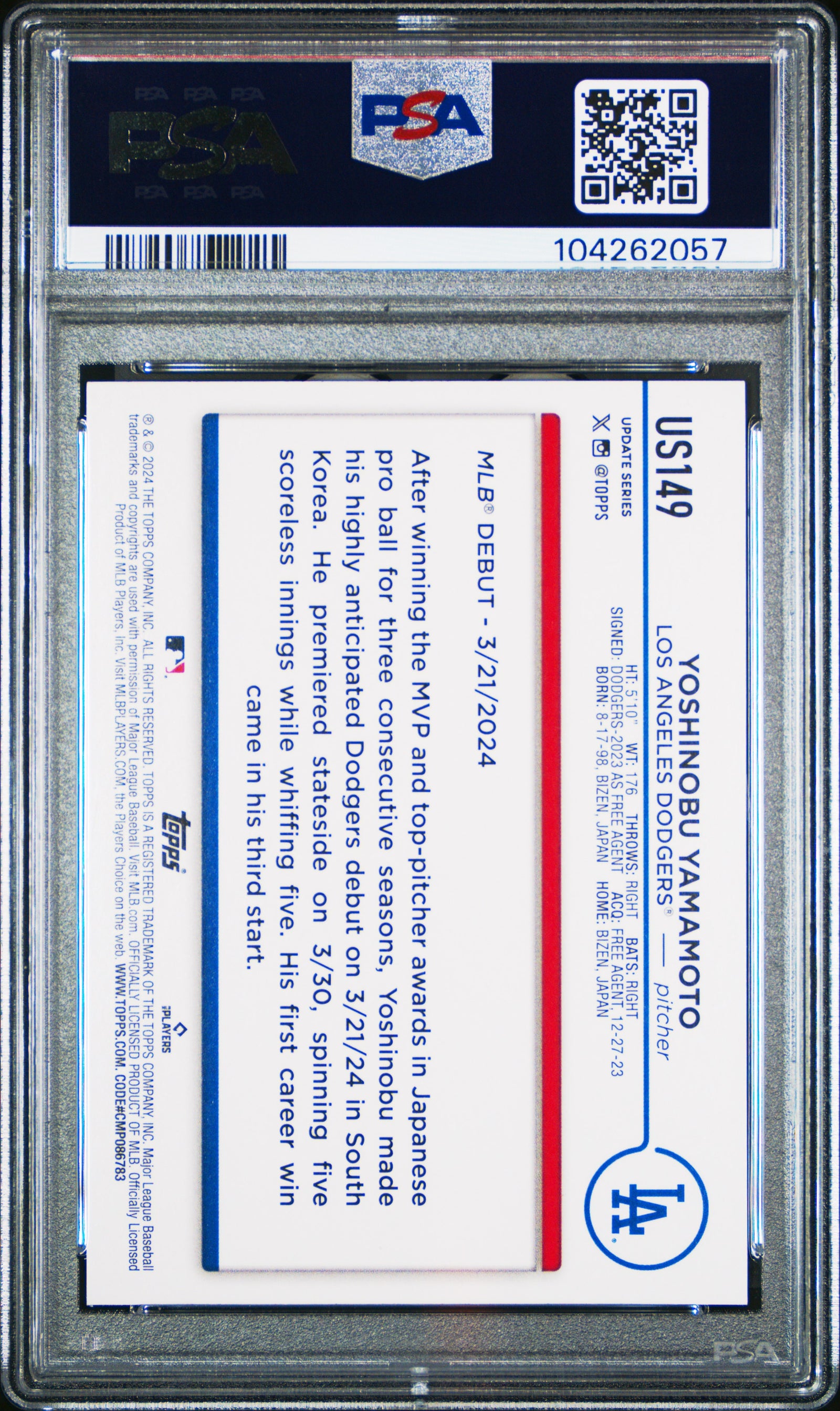2024 Topps Update Us149 Yoshinobu Yamamoto Holiday PSA 10