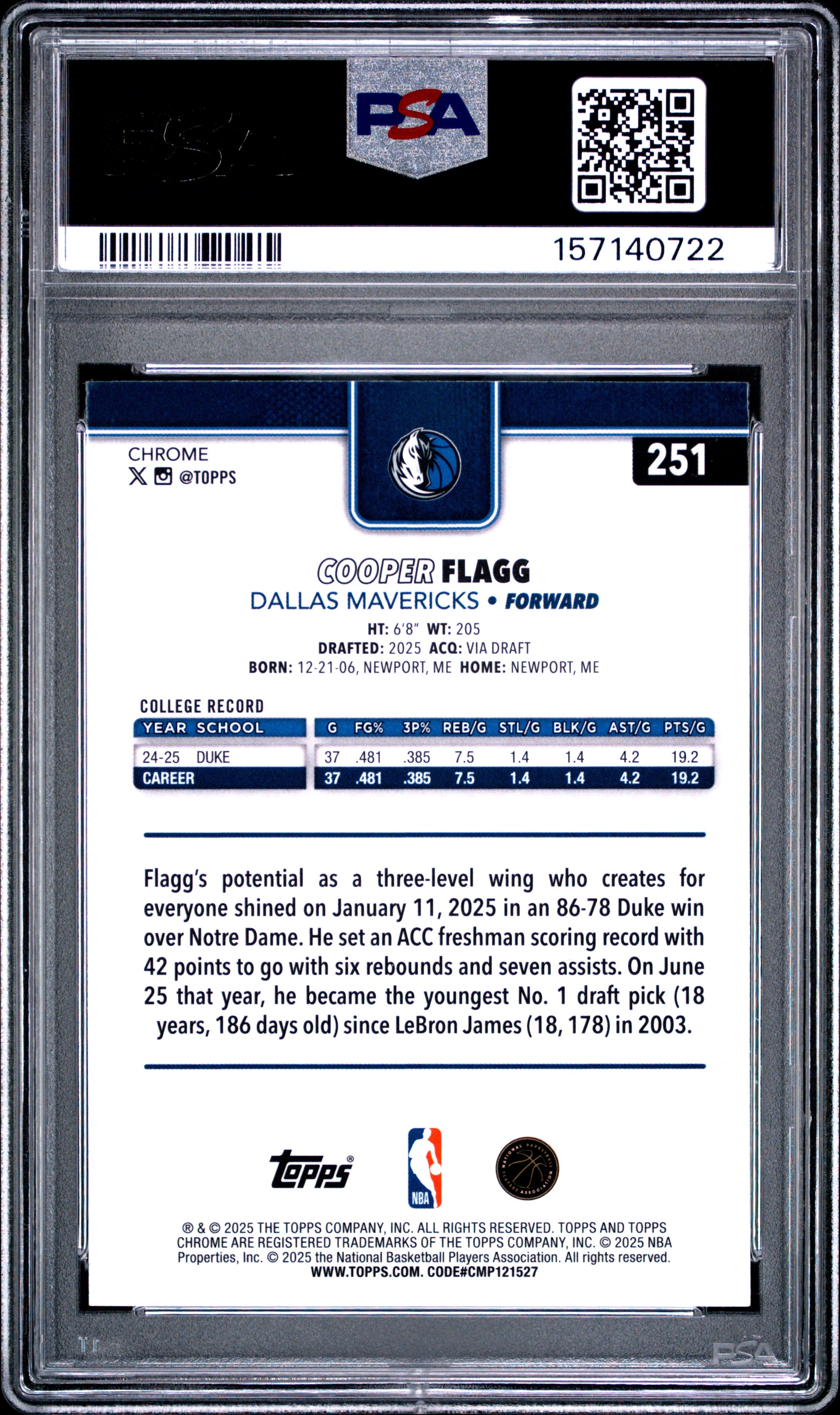 2025 TOPPS CHROME 251 COOPER FLAGG PSA 10 - back