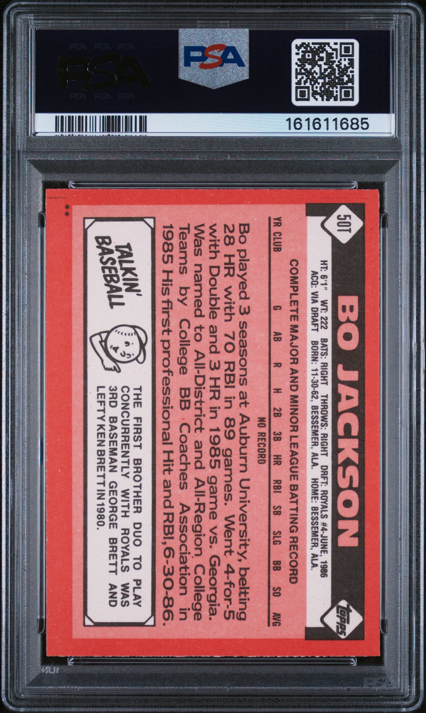 1986 TOPPS TRADED 50T BO JACKSON PSA 8 - back