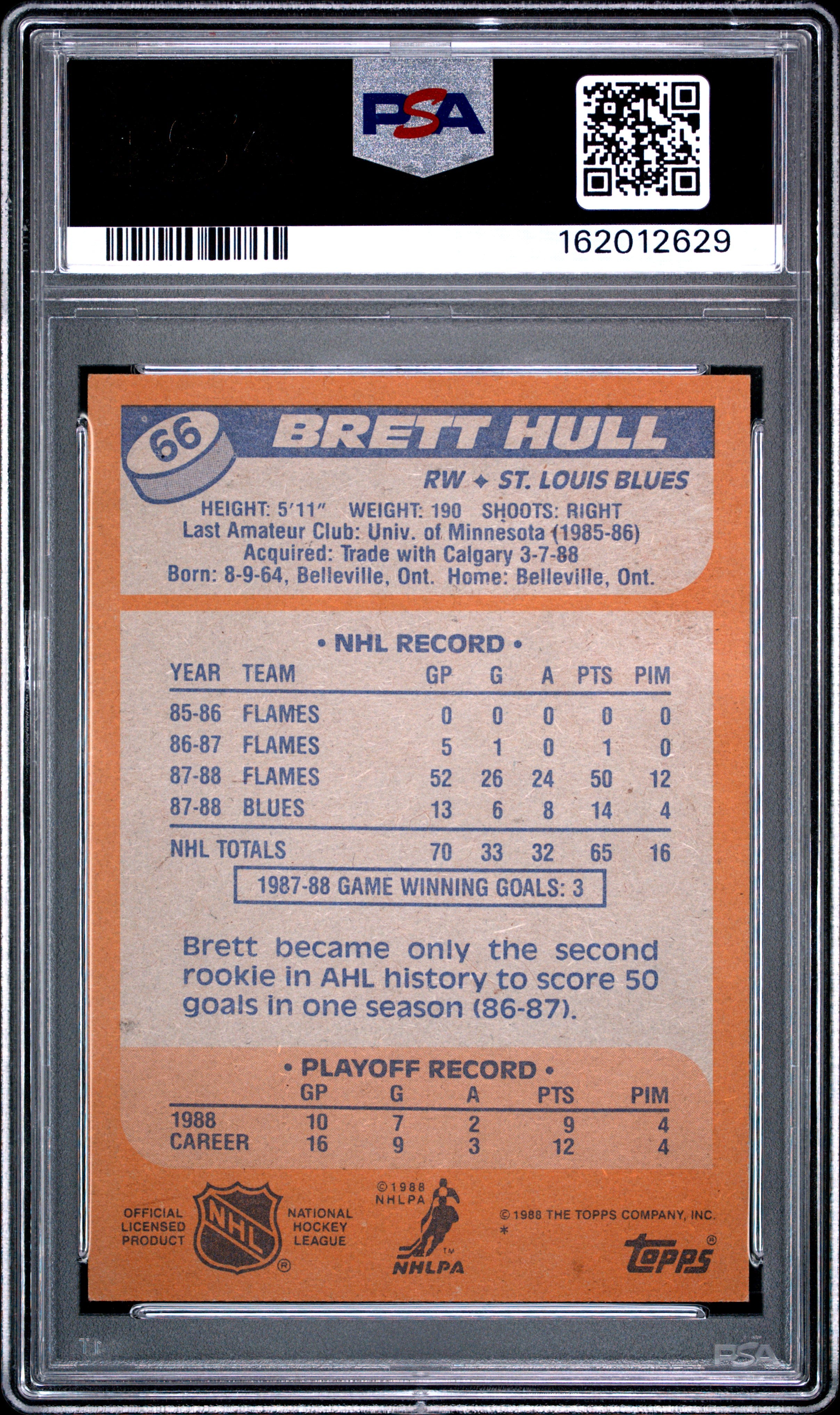 1988 TOPPS 66 BRETT HULL PSA 7 - back