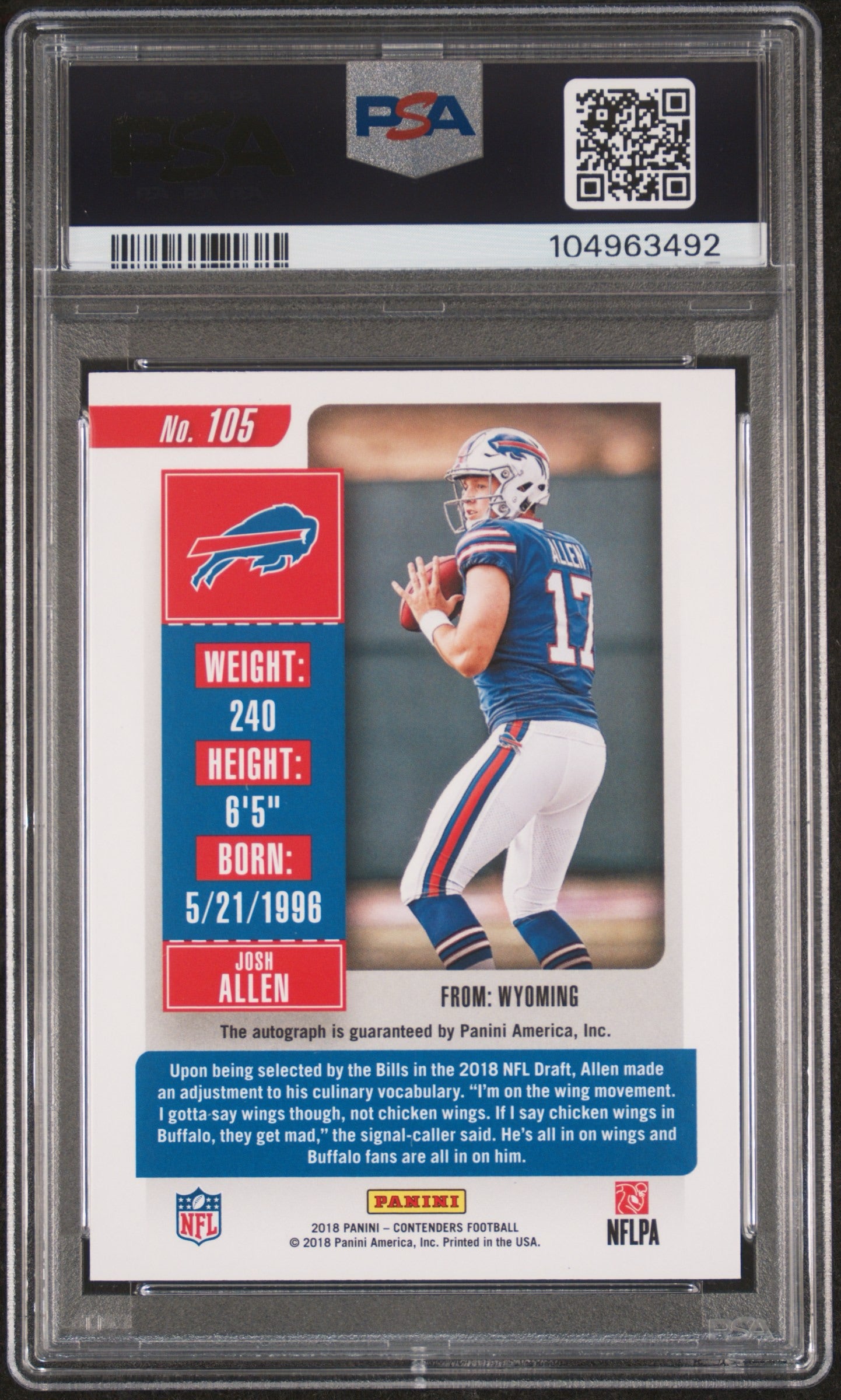 2018 Panini Contenders Josh Allen (No Feet) Autograph #105 PSA 10, Auto 10