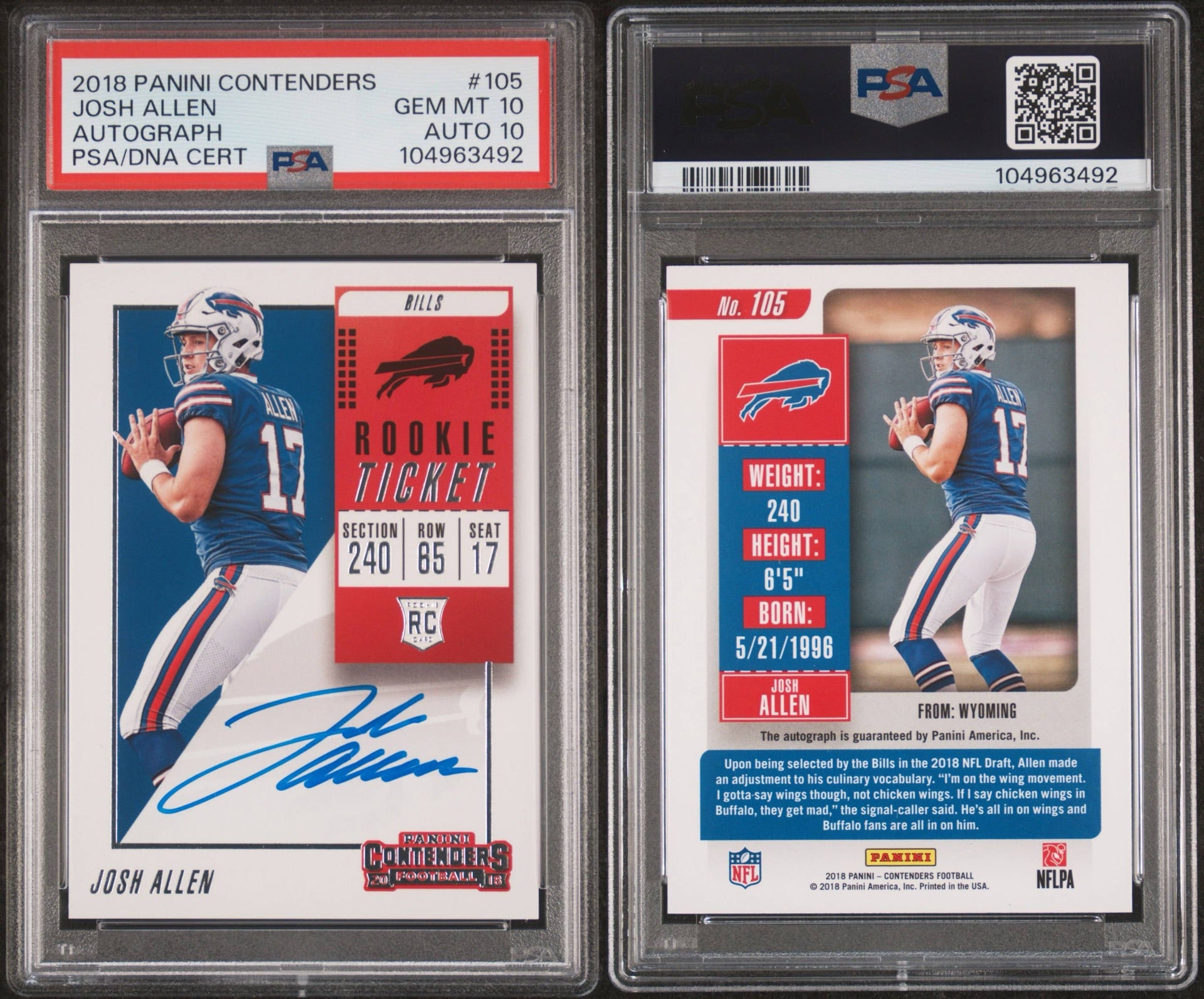 2018 Panini Contenders Josh Allen (No Feet) Autograph #105 PSA 10, Auto 10