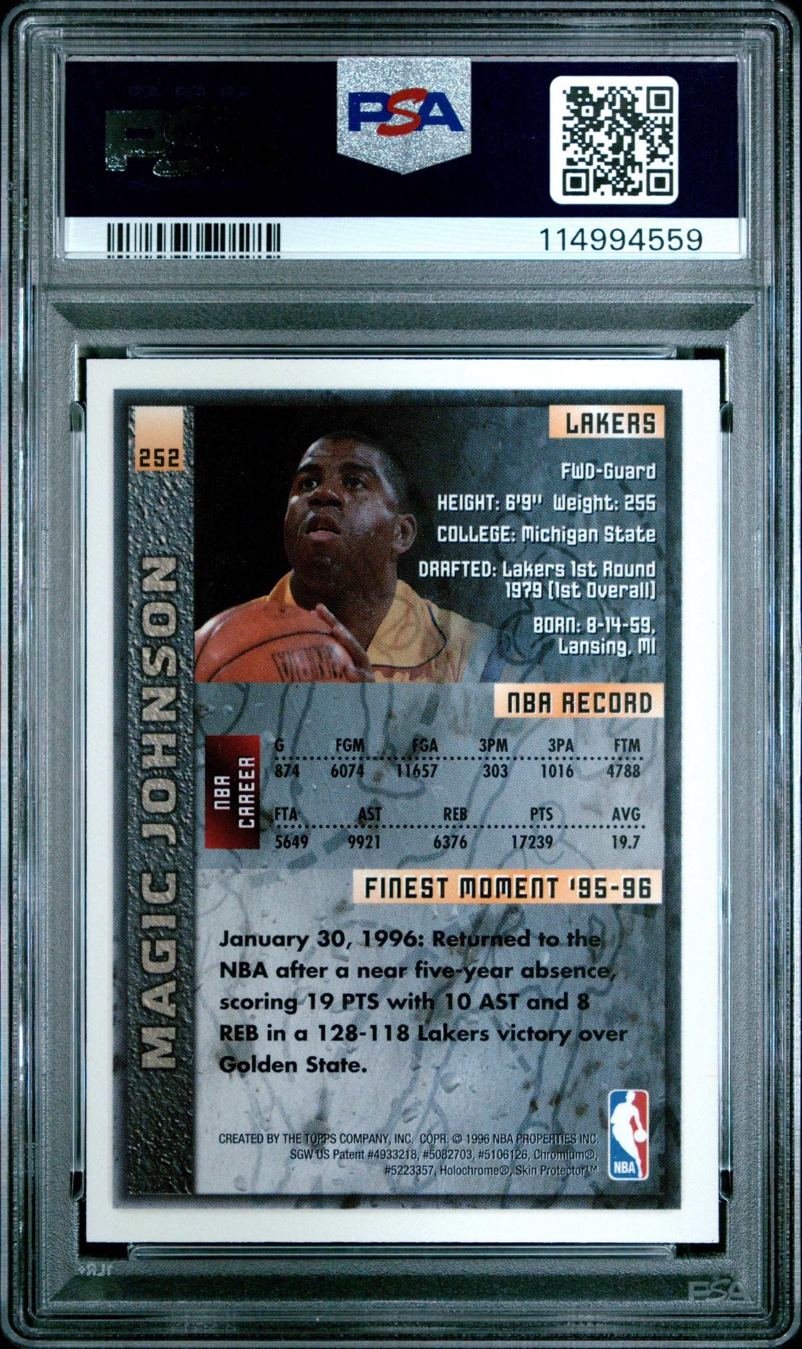 1995 Topps Finest Magic Johnson #252 w/ Coating PSA 8