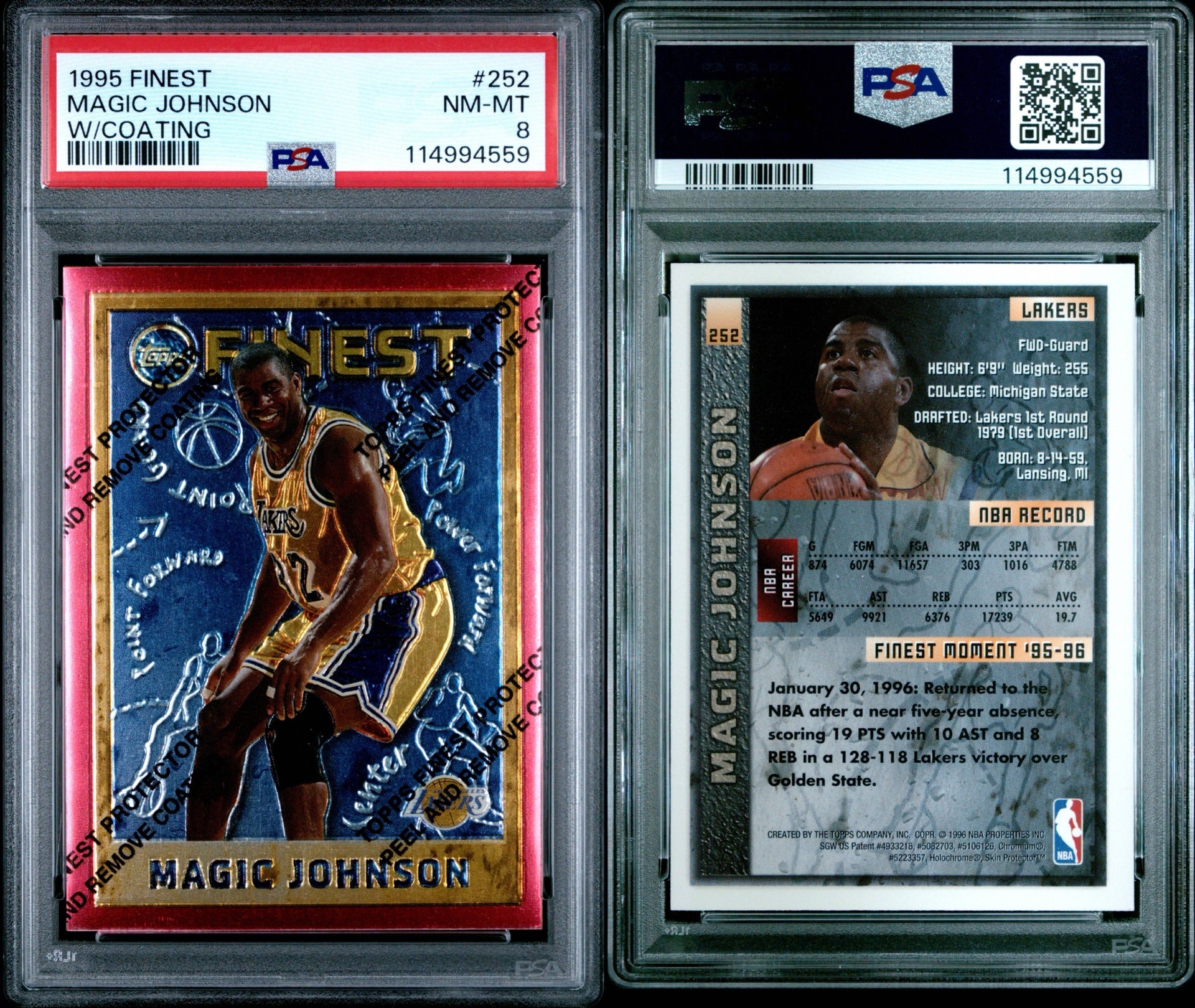 1995 Topps Finest Magic Johnson #252 w/ Coating PSA 8