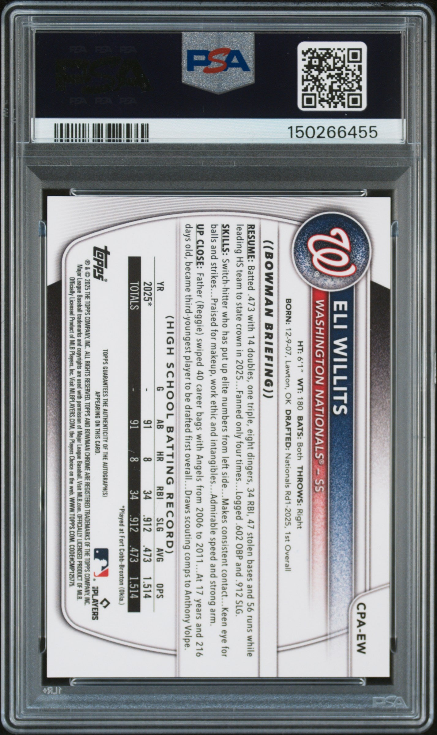 2025 Bowman Draft Chrome Prospect Autographs Cpa-Ew Eli Willits PSA 8