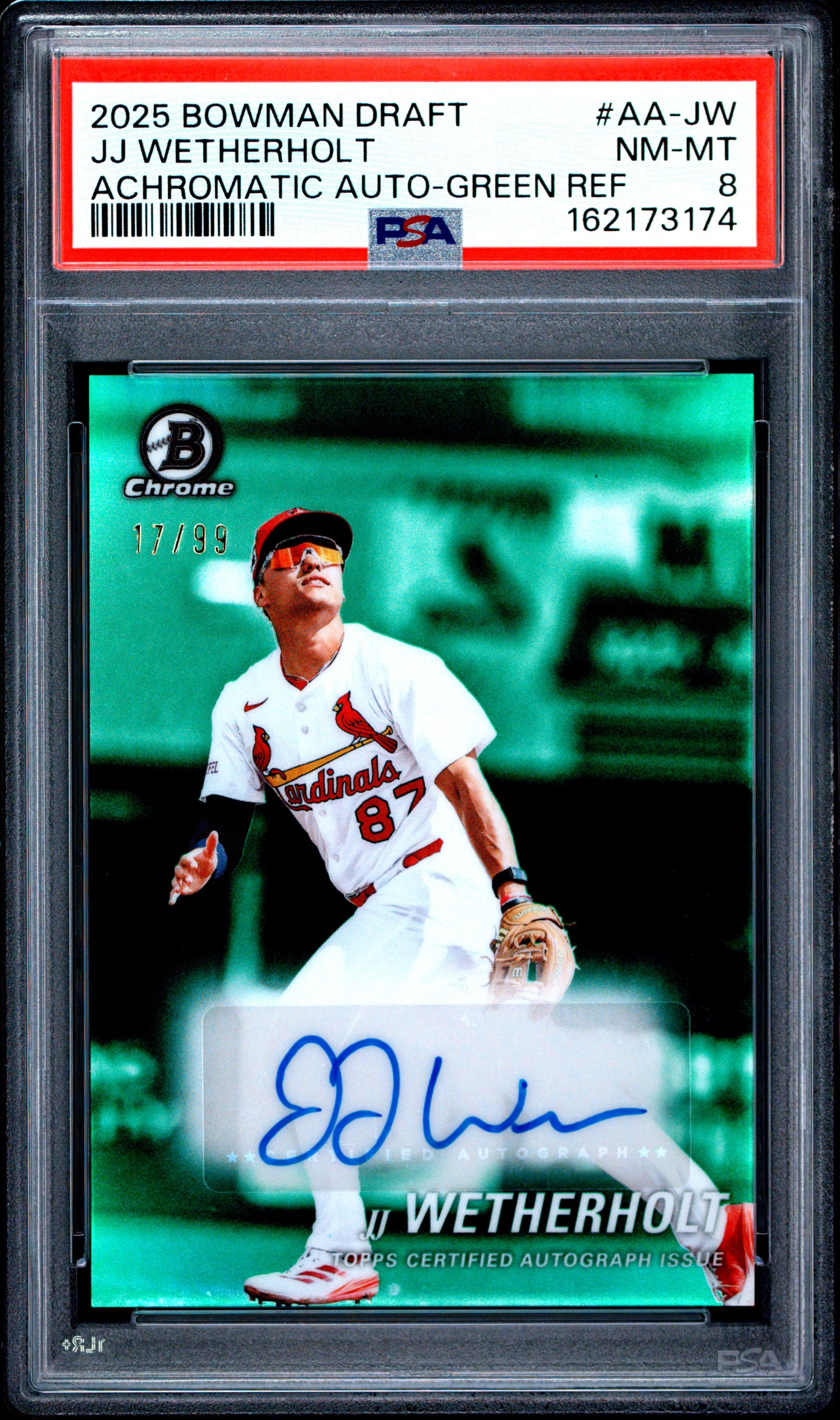2025 BOWMAN DRAFT ACHROMATIC AUTOGRAPHS AA-JW JJ WETHERHOLT GREEN REFRACTOR PSA 8 - front