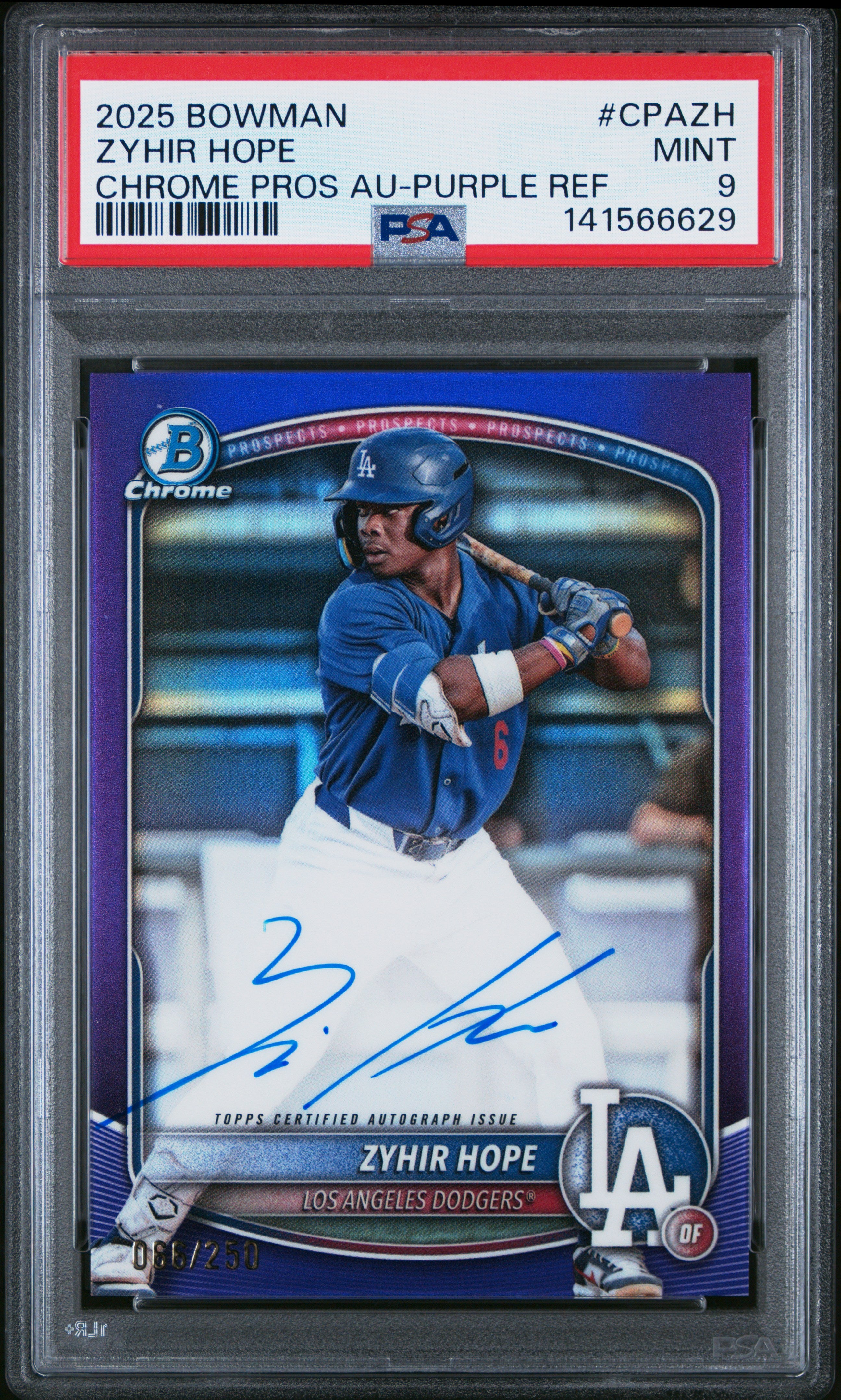 2025 Bowman Chrome Prospect Autographs Cpazh Zyhir Hope Purple Refractor PSA 9