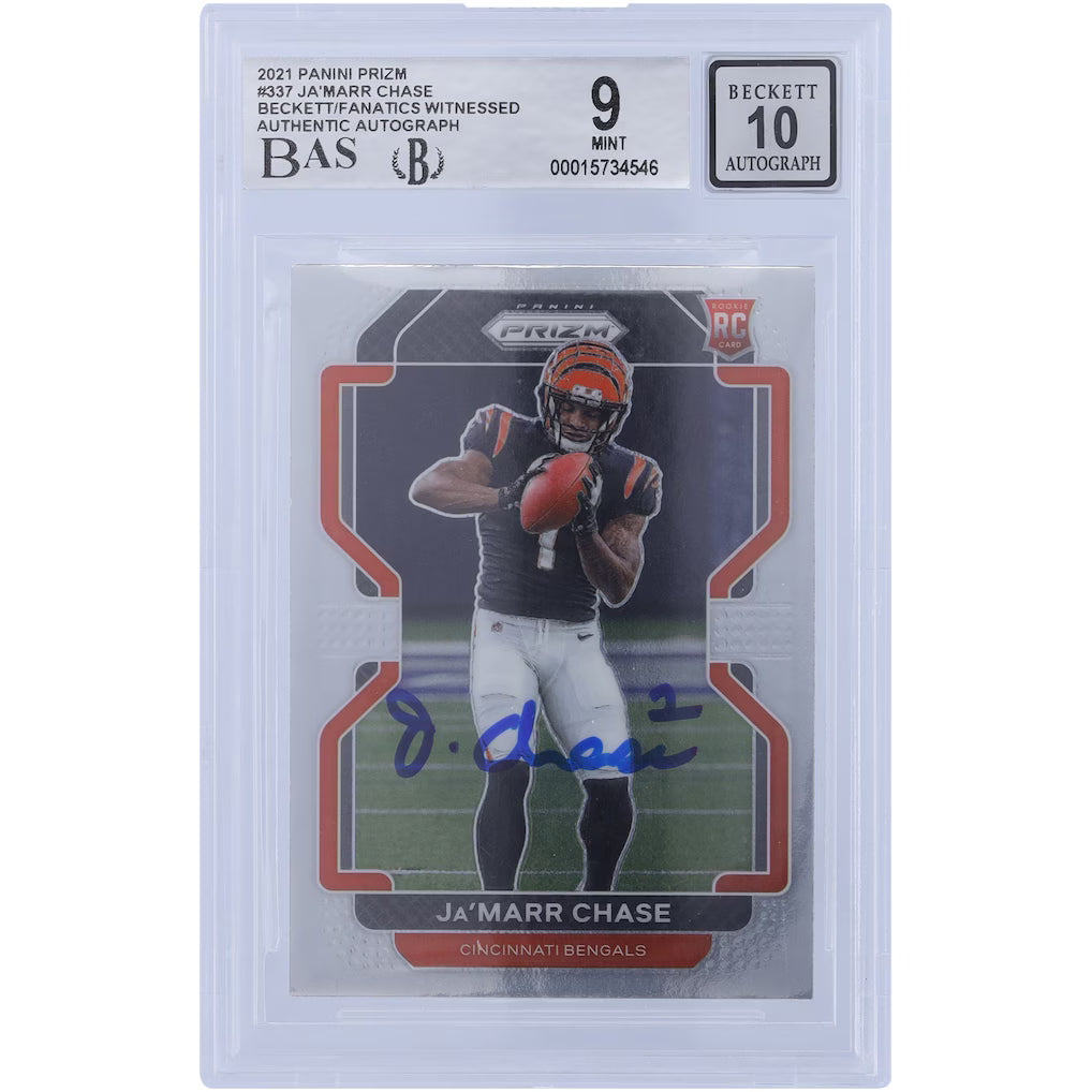 2021 Panini Prizm Ja'Marr Chase RC Autograph BAS 9 Mint, Auto 10
