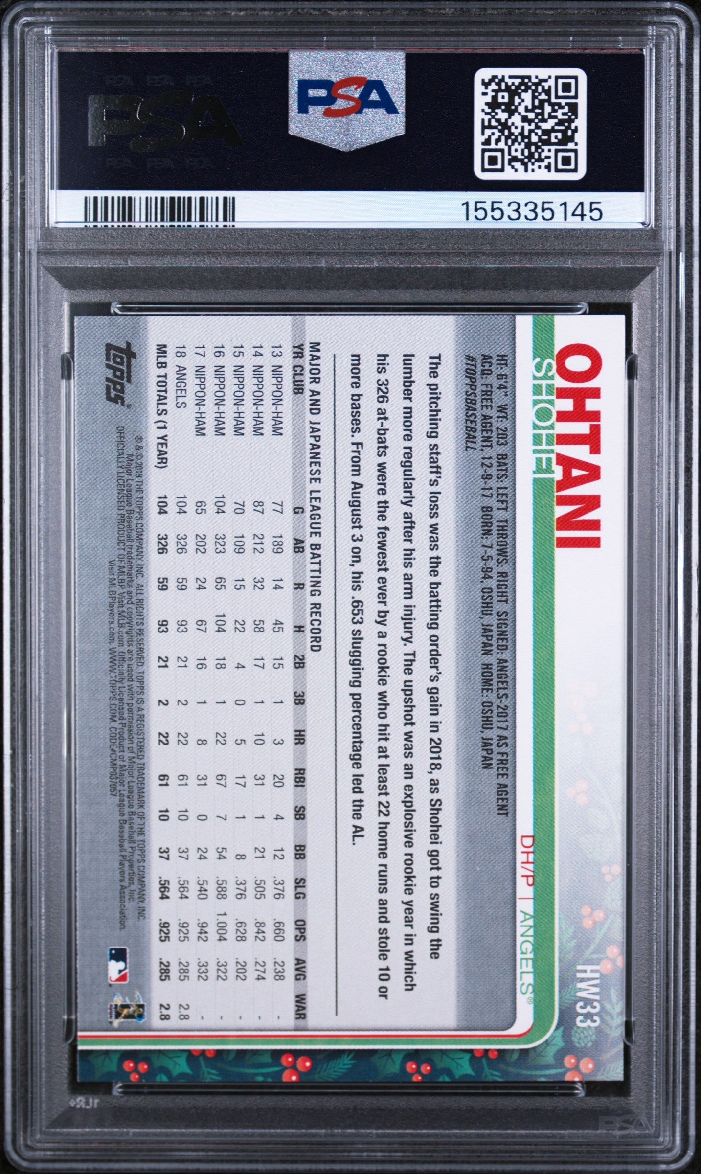 2019 TOPPS HOLIDAY 33 SHOHEI OHTANI PSA 10 - back
