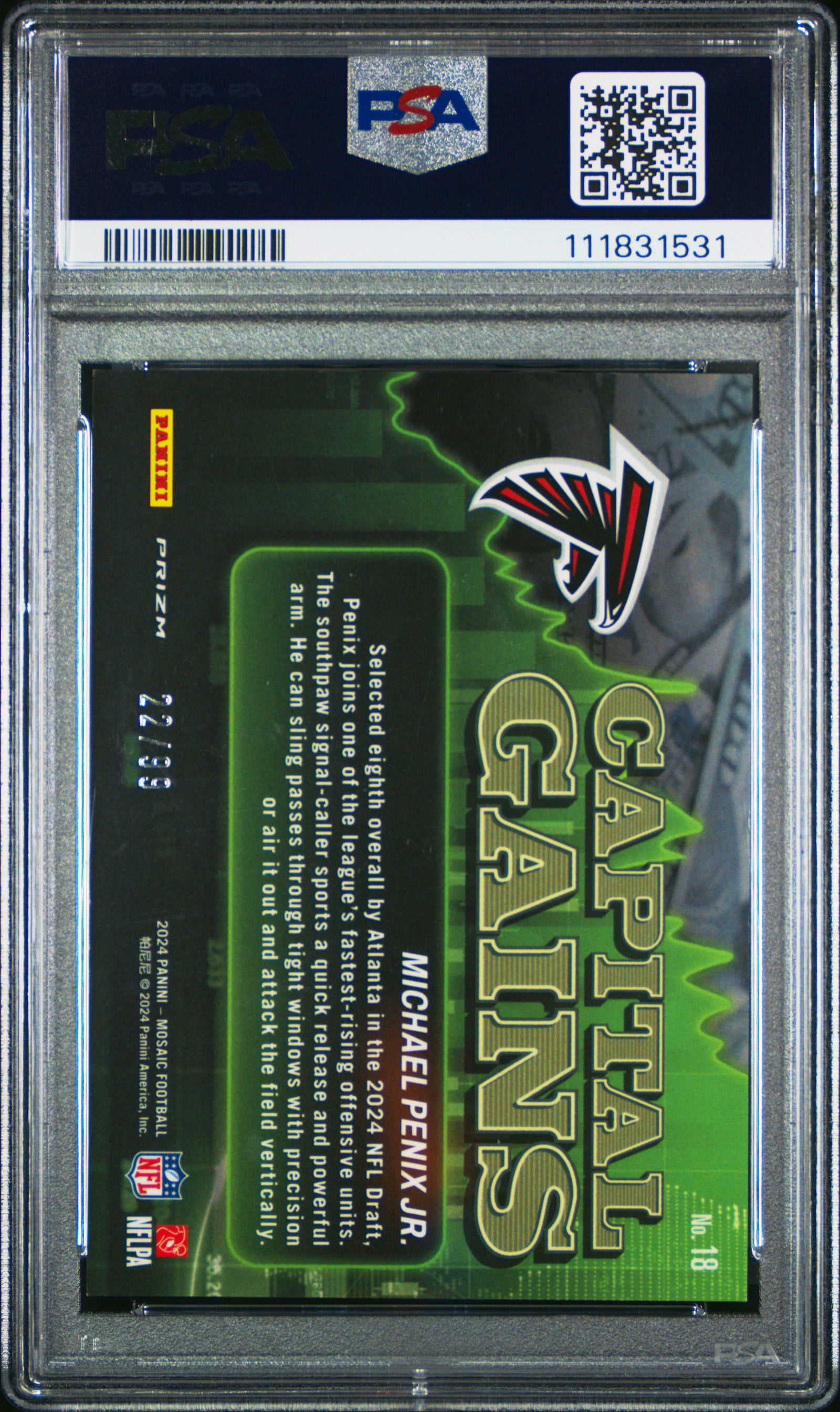 2024 Panini Mosaic Michael Penix Jr. RC Capital Gains /99 Blue PSA 8