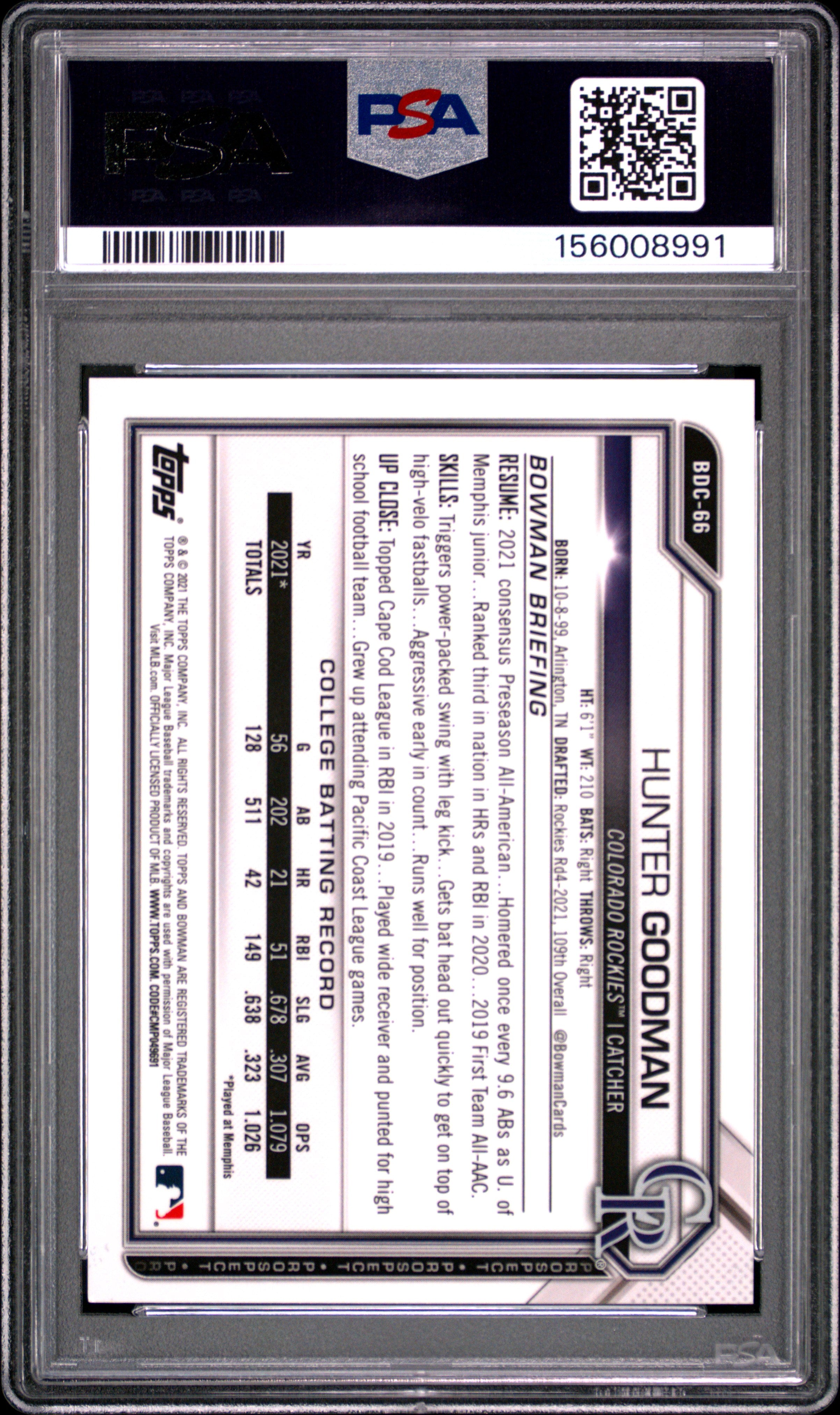 2021 BOWMAN DRAFT CHROME SAPPHIRE EDITION BDC66 HUNTER GOODMAN GREEN PSA 9 - back