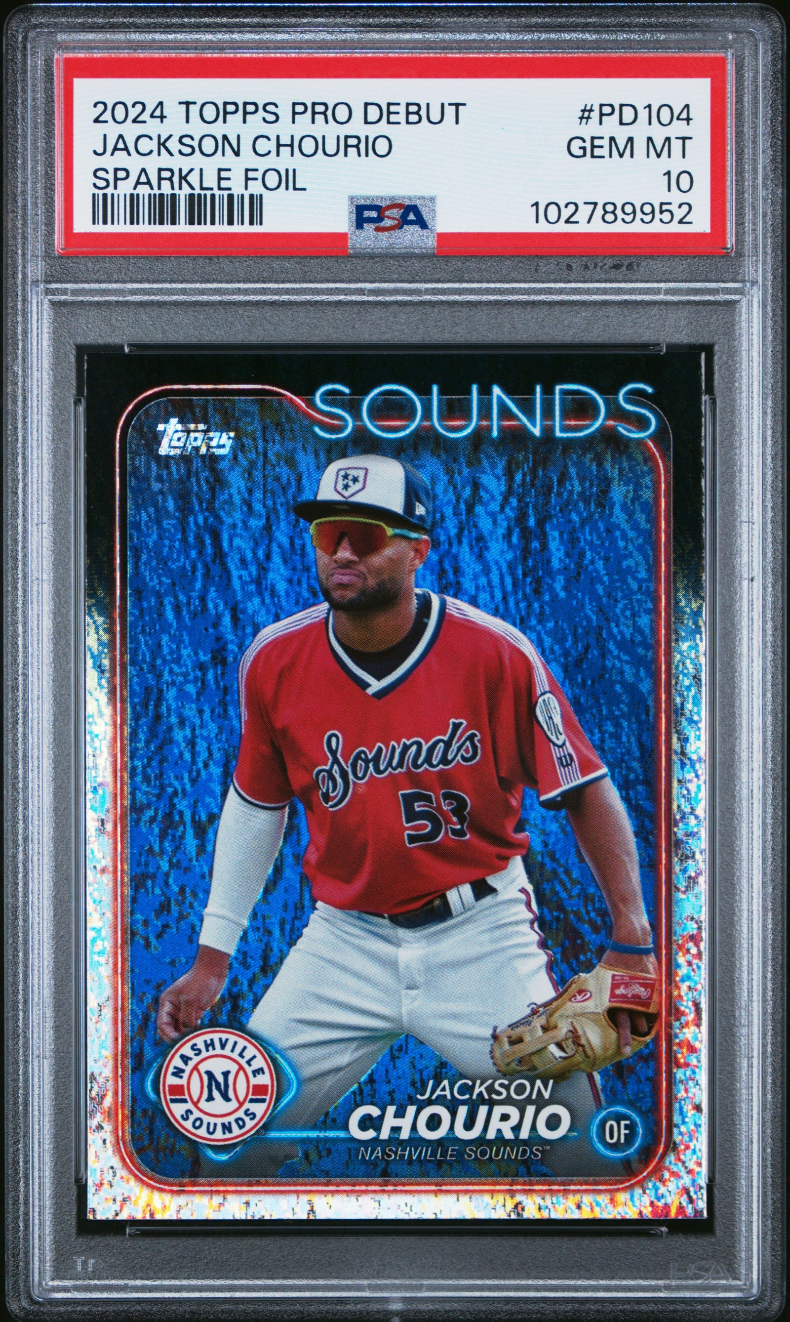 2024 TOPPS PRO DEBUT PD104 JACKSON CHOURIO SPARKLE FOIL PSA 10 - front