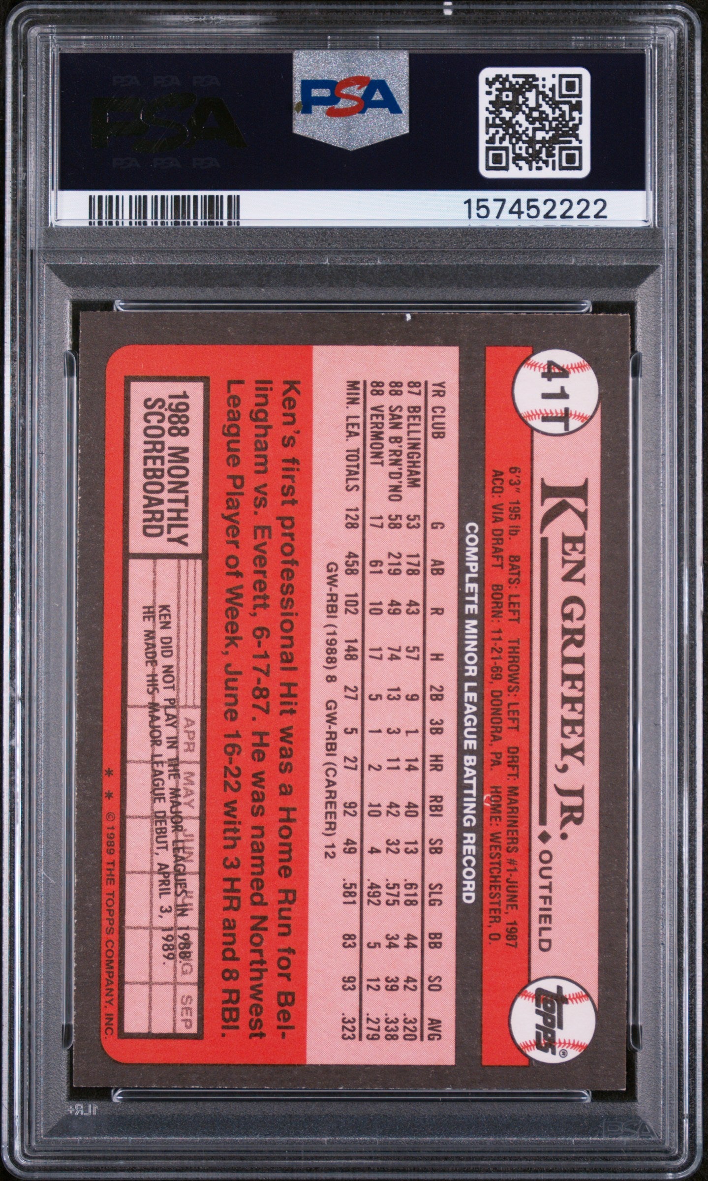 1989 TOPPS TRADED 41T KEN GRIFFEY JR. PSA 7 - back