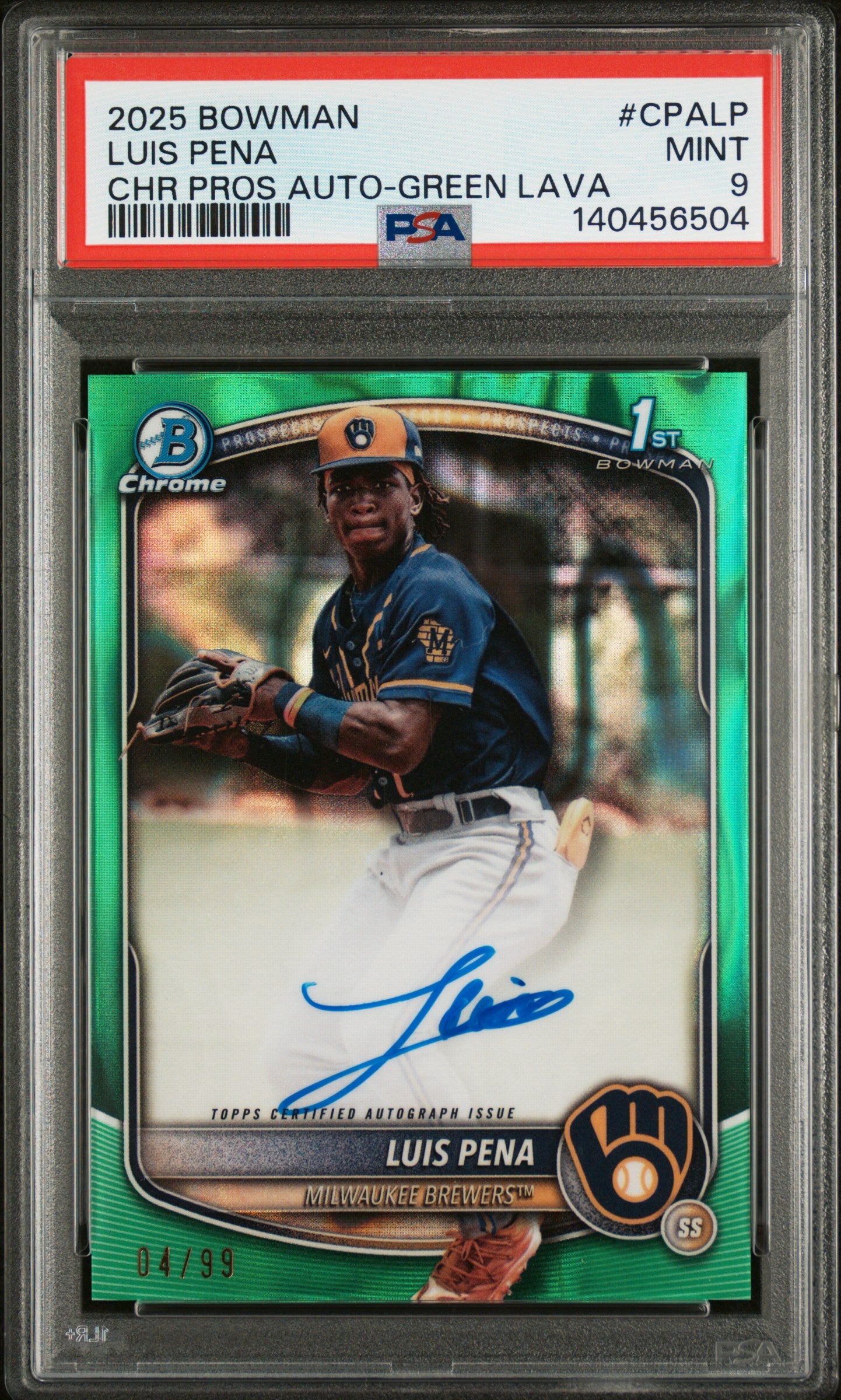 2025 Bowman Chrome Prospect Autographs Cpalp Luis Pena Green Lava PSA 9