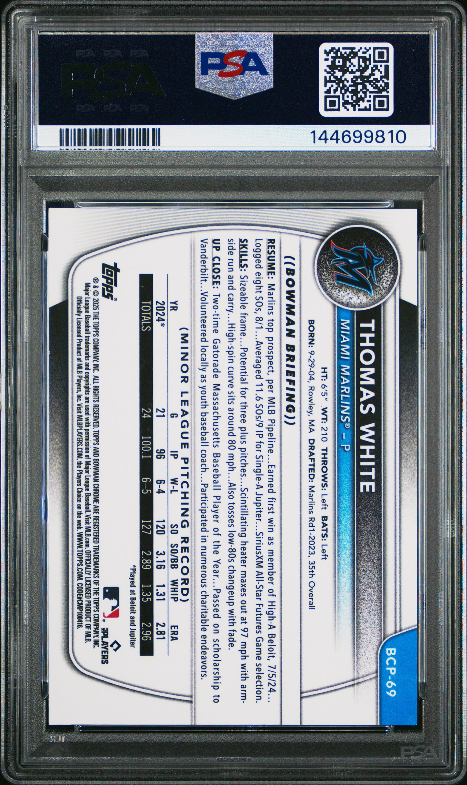 2025 Bowman Sapphire Edition Chrome Prospects Bcp69 Thomas White Gold PSA 9