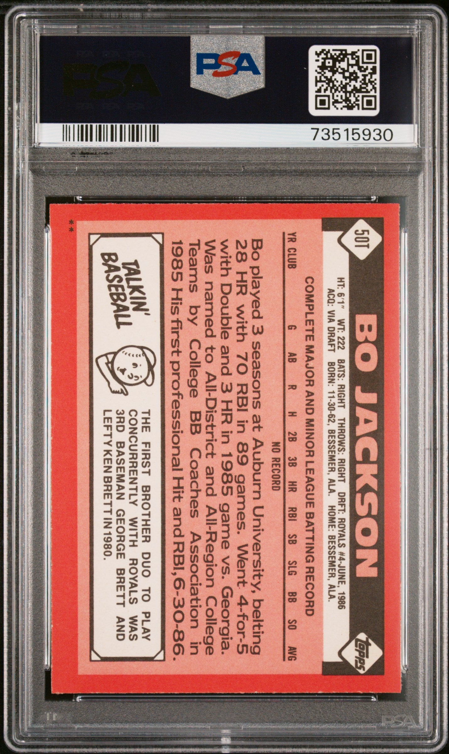 1986 TOPPS TRADED 50T BO JACKSON PSA 7 - back