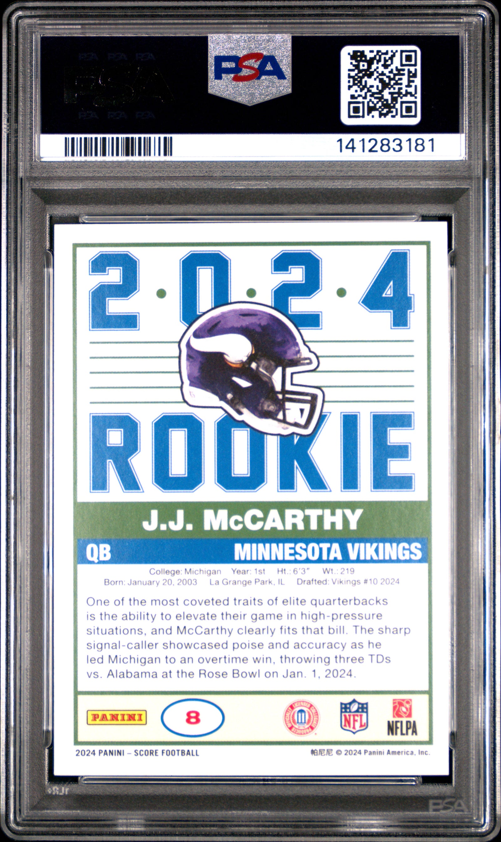 2024 Panini Score 35Th Anniversary Rookie 8 Jj Mccarthy  PSA 10